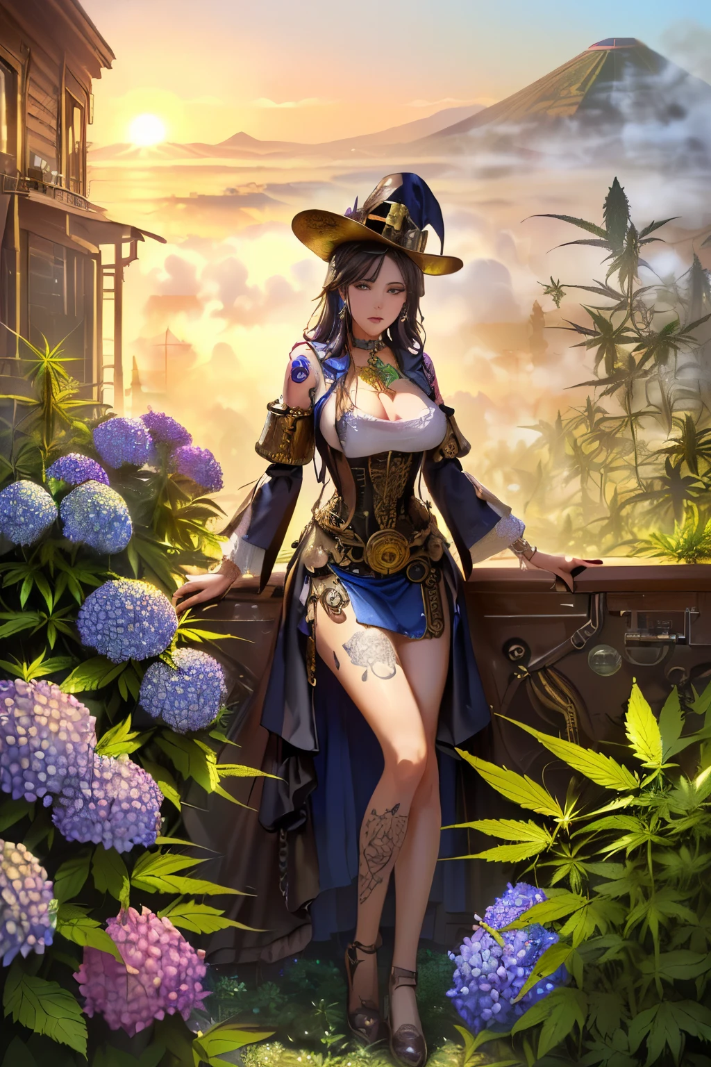 ((determined ((beautiful ((Haitian)) female steampunk wizard)) outside rolling up herbal joint while alchemy set boils bubbles and fumes, (wearing detailed flowing outfit), (cannabis flower tattoos on arms and legs), high quality photo, relaxing and smoking in the garden (with copious tall cannabis sativa plants and hydrangeas surrounding scene during foggy sunrise), masterpiece, highly detailed, perfect face