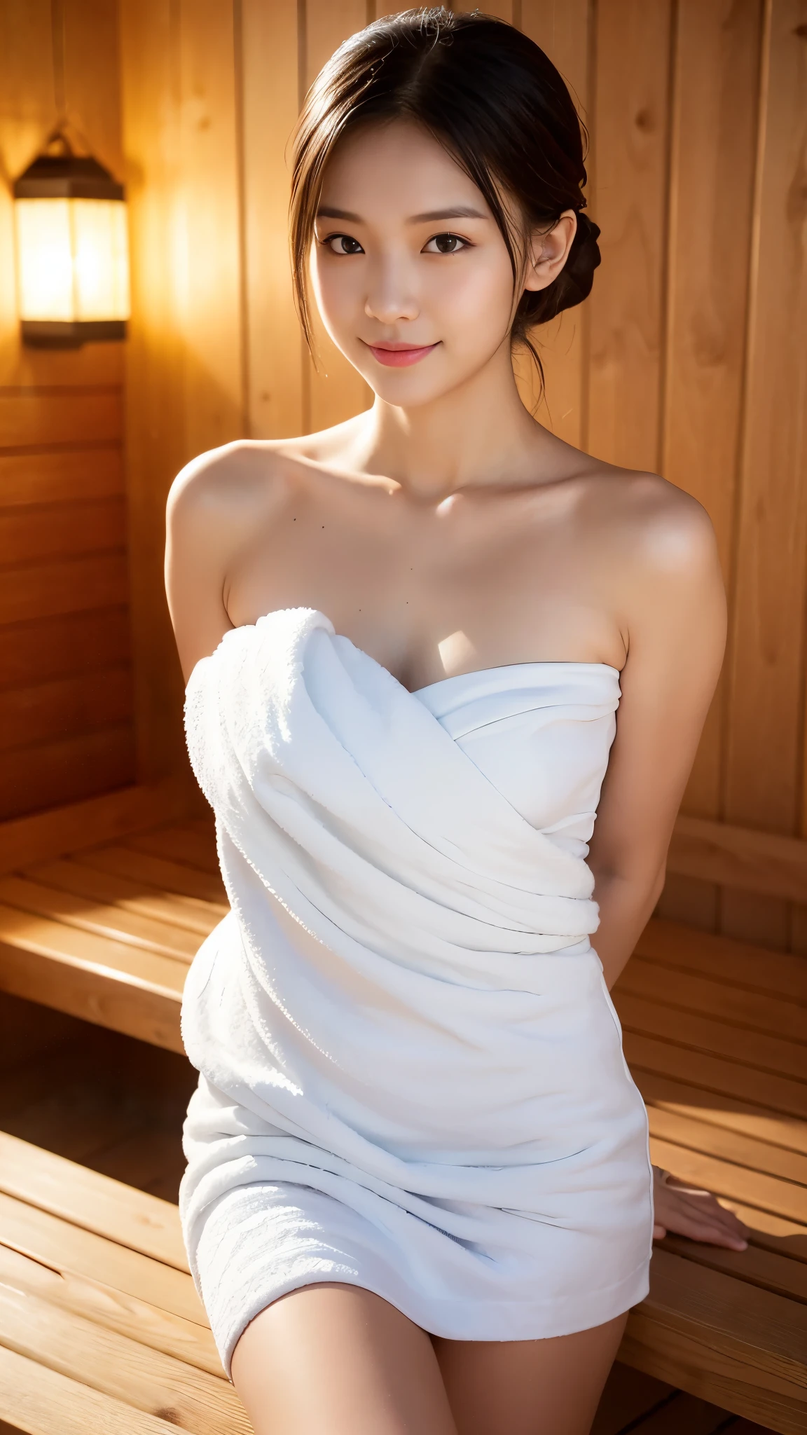 1Girl, Solo, (Masterpiece, Best Quality, 8K,,Photorealistic, real girl, mulberry:1.37), looking up at viewer, 18-year-old dainty Japan, Slender body type: 1.1, Small breasts, Sitting, sauna, Double eyelids, Droopy Eyes, A dark-haired, (Sweaty face, Sweaty body: 1.2): 0.2, (White oversized towel cloth dress, strapless), (small in size, White Towel Turban: 1.1), Finnish sauna, realistic body, makeups, Gloss slip, focus on face, smaller face, Sharp focus, Layered Cut, facing the viewer, The sauna has the following., shot from the front