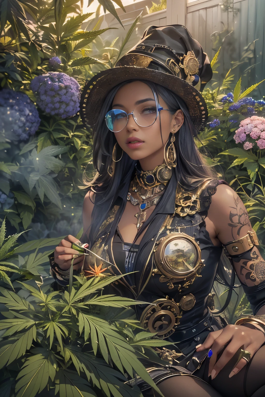 ((aroused ((dark-skinned ((Honduran)) MILF steampunk professor)) outside writing geometry equations on a chalkboard, (wearing gilded dragon-detailing sheer outfit), (wearing amethyst snake choker), (cannabis flower tattoos on arms and legs), high quality photo, mischievously standing in the garden (with copious tall cannabis sativa plants and hydrangeas surrounding scene during foggy sunrise), owl flying through scene