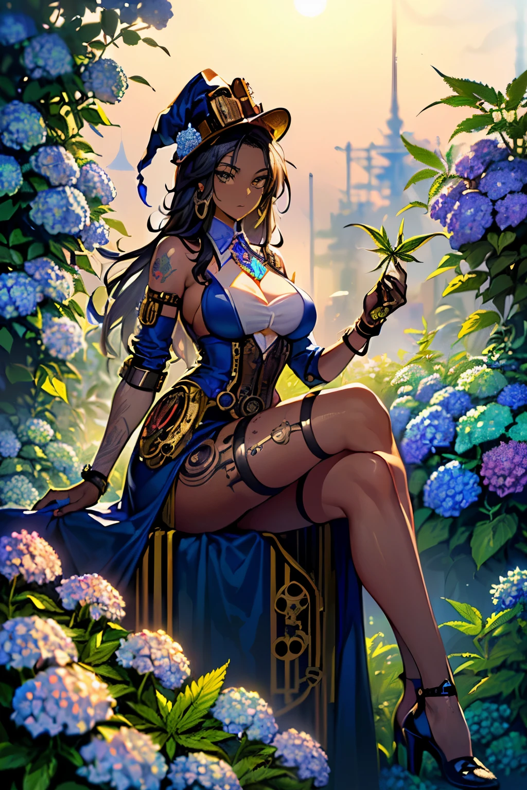 ((determined ((dark-skinned ((Haitian)) female steampunk wizard)) outside rolling up herbal joint while alchemy set boils bubbles and fumes, (wearing detailed flowing outfit), (cannabis flower tattoos on arms and legs), high quality photo, relaxing and smoking in the garden (with copious tall cannabis sativa plants and hydrangeas surrounding scene during foggy sunrise), masterpiece, highly detailed, perfect face