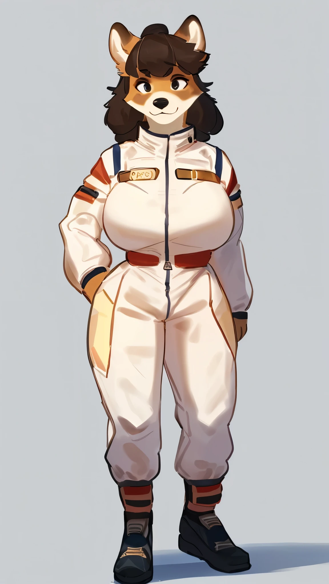 By bebebebebe, by lostgoose, by goonie-san, solo, female, canine, (((hair, labradoodle))), standing, (snout), standing, (french city), ((gucci spacesuit)), big breasts