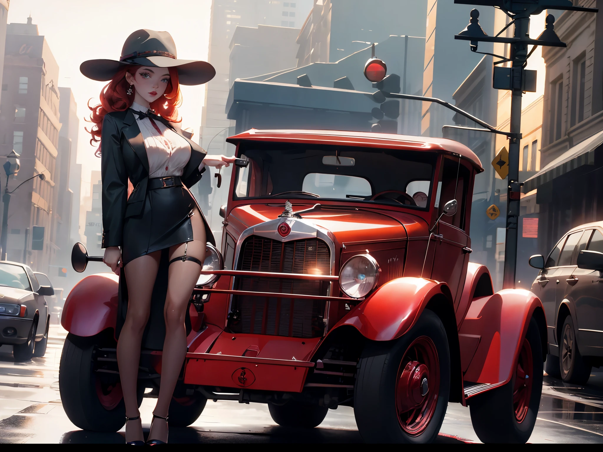 masterpiece, pale skin, red lips, light eyes, eye shadow, Frontal shot of a beautiful red-haired woman with medium curly hair standing on the street,Holding Thompson drum M1928A1 in hand, Behind her is a 1928 Cadillac Town Sedan,Green on the left, She's wearing a red and black mafia suit, Mafia style skirt and jacket draped over shoulders, She is also wearing a hat, Garter holder and heels, Very detailed的身体, Detailed car and clothes, chiaroscuro, Natural light, Very detailed, She and the car focus on images