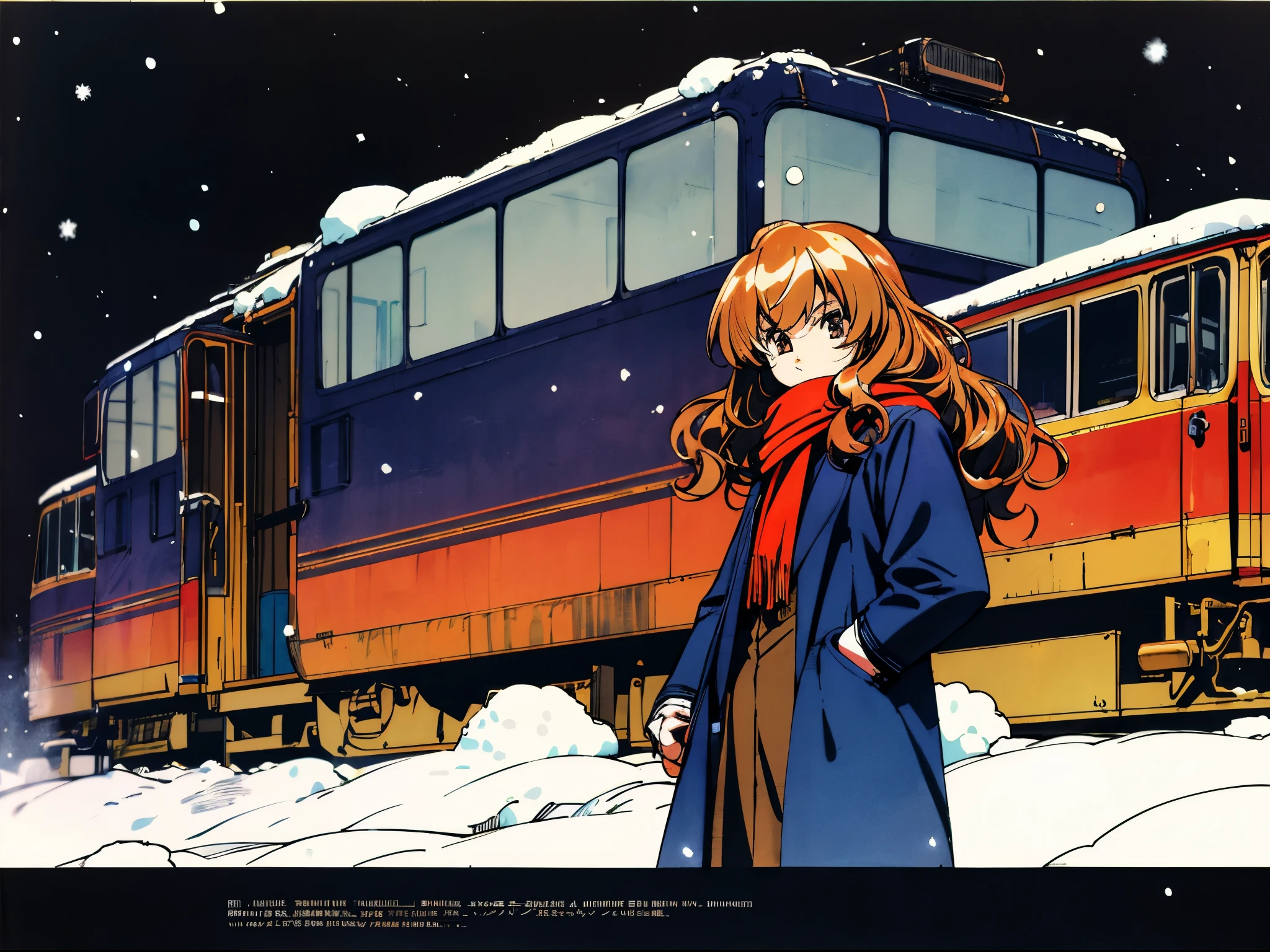 Taiga Aisaka standing by a train station on a cold snowy night, VHS, winter, (snow), vintage, manga style, black background, (bangs) coat, 1girl, scarf, dark, light brown hair, wavy hair, eyes closed