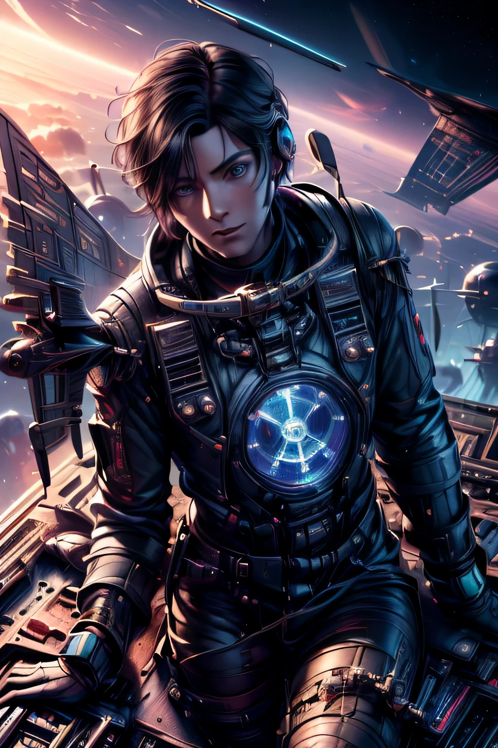 "Science fiction, （Male pilot:1.5) (short black hair:1.1) (Sitting in the cockpit of an airplane:1.5), (firm eyes:1.3) (toned body:1.1) (Precision dial instrument:1.5) sky flier, distant planets, 未来派Science fiction小说, mysterious atmosphere, (otherworldly charm)"