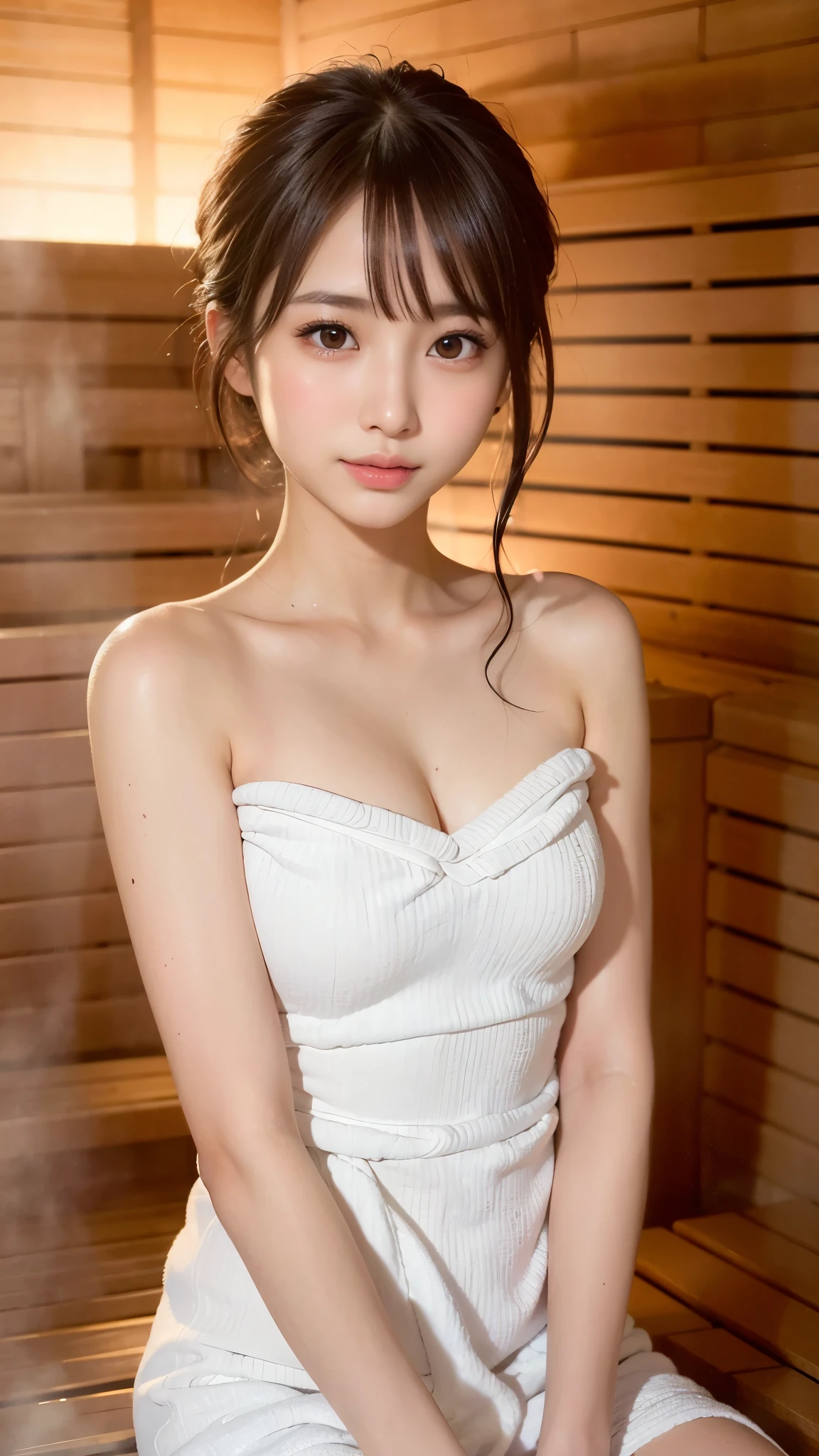 (1 female solo):1.5, (sauna:1.3), (whole body:1.3), (bun hair, dark brown hair), (highest quality, Photoreal:1.4, table top:1.3, Raw photo:1.2, cinematic light, highly detailed illustrations), (Very meticulously drawn face, Super Beautiful Maid, very delicate eyes, Ultra-detailed nooze, highly detailed mouth, highly detailed facial features, Super detailed body, Detailed hips, detailed thigh), (small breasts:1.3), from the front, show cleavage, (Very detailed towel fabric long dress:1.3, strapless), (sweat a lot), (Sitting on a wooden bench), leaning forward, smile:0.8, Light and shadow