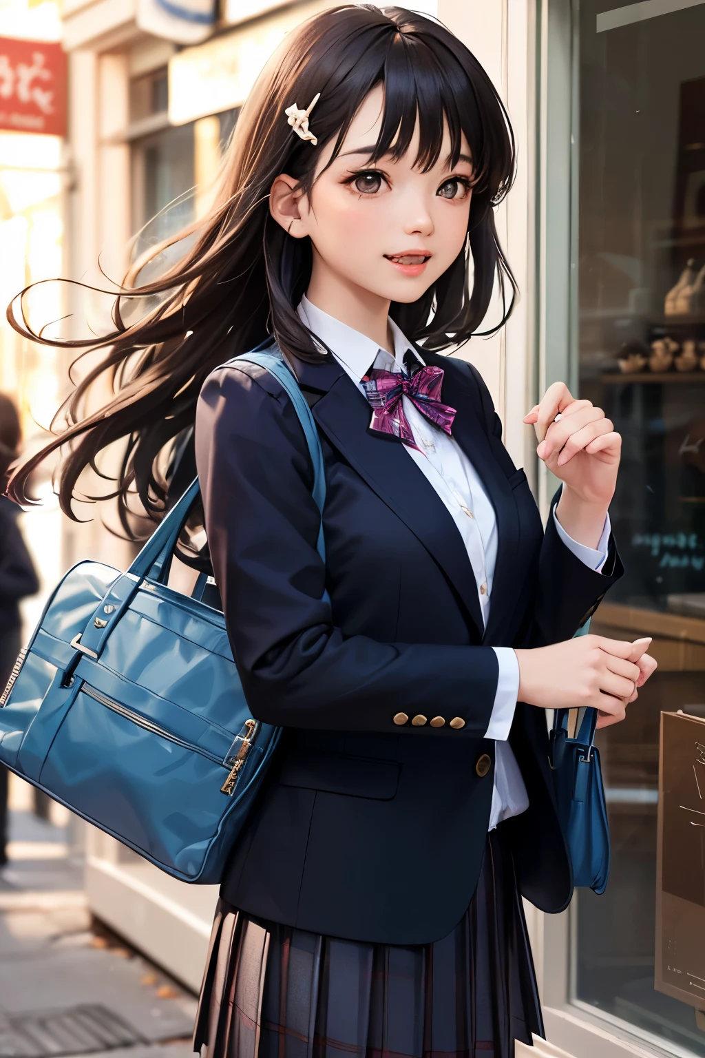 very cute and beautiful girl,(highly detailed beautiful face),
(blue blazer school uniform, pleated tanding in front of cake shop show window,
(laugh),cowboy shot,holding school bag,hair pin,black hair,downtown street,
(best quality,masterpiece:1.2),absurdres,highres,ultra-detailed,extremely detailed,32k,8k resolution,
intricate details,cinematic scene,detailed background,solo,dynamic angle,hair fluttering in the wind,perfect hands,