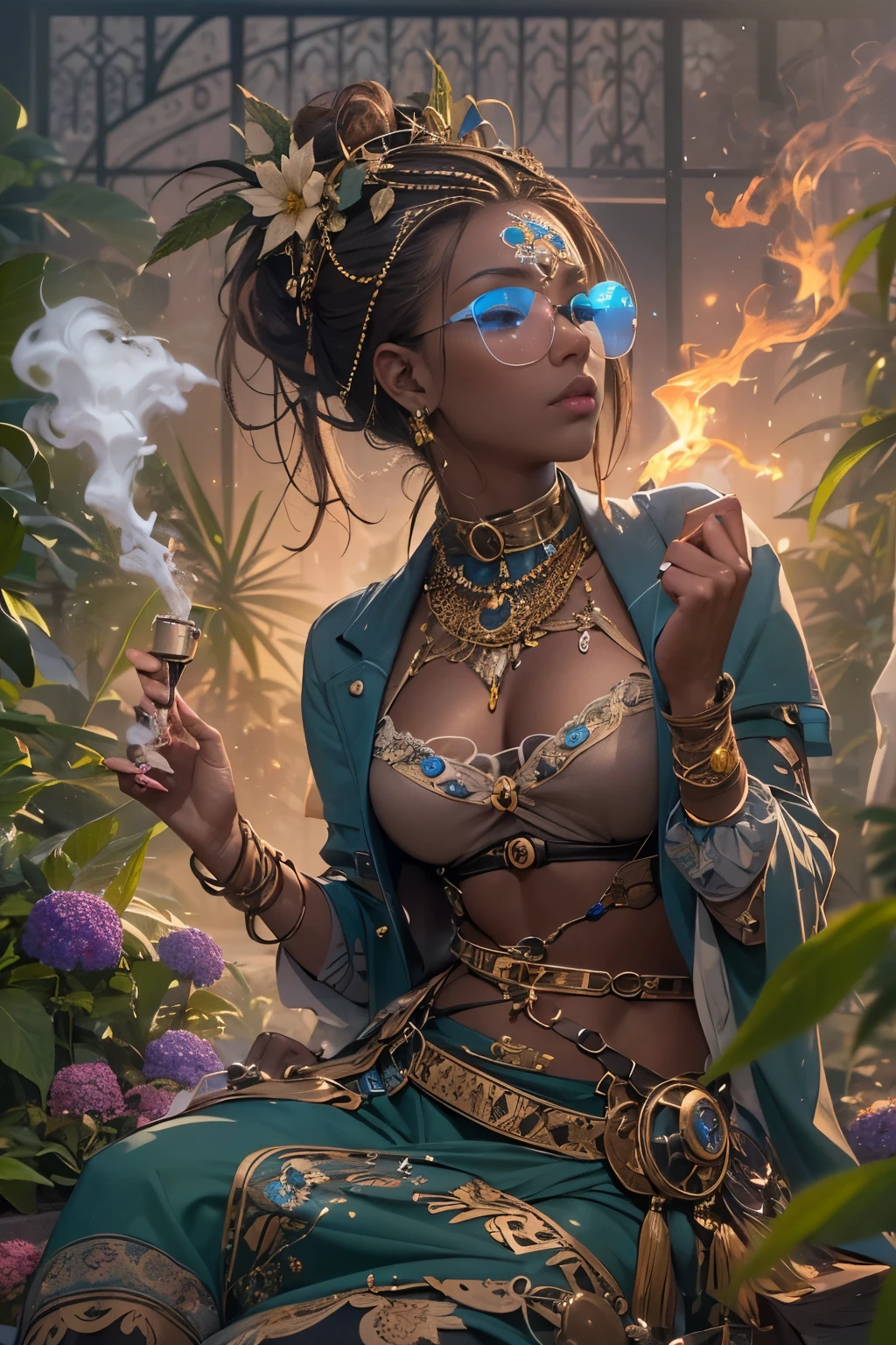 ((determined ((dark-skinned ((Haitian)) female steampunk wizard with freeform braided hairstyle wearing glasses)) outside rolling up herbal joint while alchemy set boils bubbles and fumes, (wearing detailed flowing outfit), (cannabis flower tattoos on arms and legs), high quality photo, relaxing and smoking in the garden (with copious tall cannabis sativa plants and hydrangeas surrounding scene during foggy sunrise), masterpiece, highly detailed, perfect face