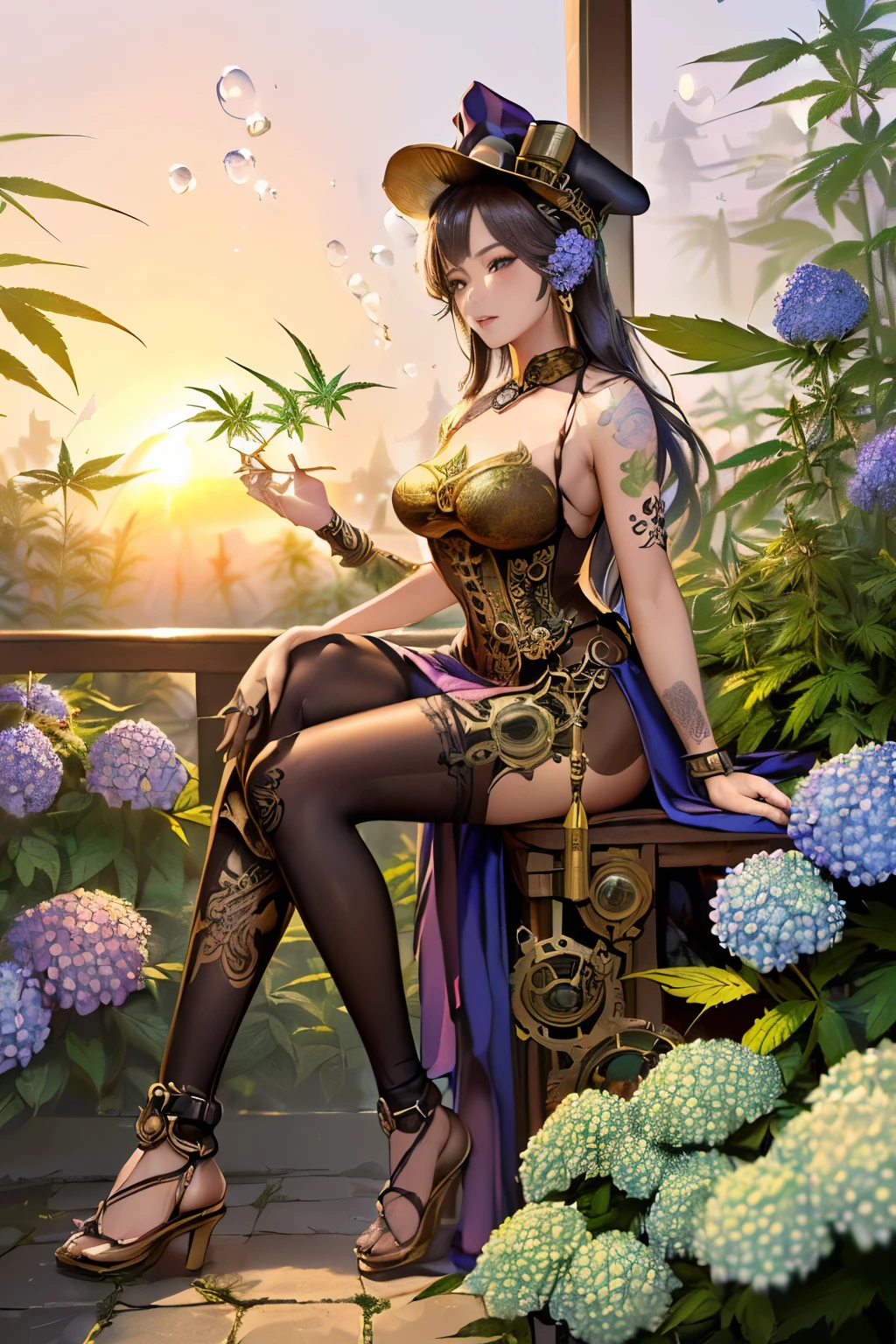 ((determined ((beautiful ((Thai)) female steampunk wizard)) outside rolling up herbal joint while alchemy set boils bubbles and fumes, (wearing detailed flowing outfit), (cannabis flower tattoos on arms and legs), high quality photo, relaxing and smoking in the garden (with copious tall cannabis sativa plants and hydrangeas surrounding scene during foggy sunrise), masterpiece, highly detailed, perfect face