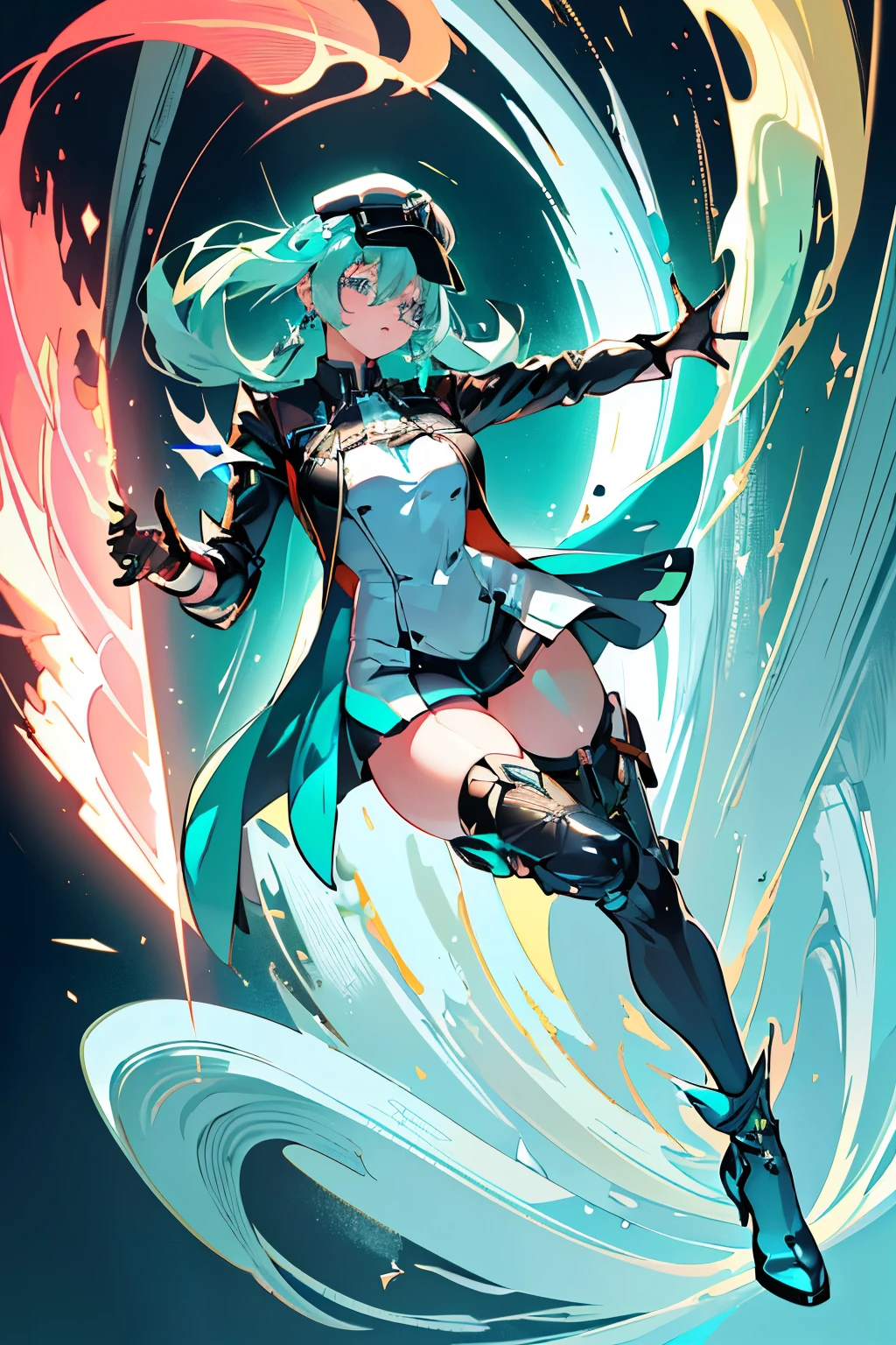 Anime, Girl, (((1girl))), (((Waifu, Xenoblade Chronicles 2, Pneuma Waifu))), (((Seafoam Green Hair, Long Hair))), ((Seafoam Green Eyes eyes:1.3, Upturned Eyes: 1, Perfect Eyes, Beautiful Detailed Eyes, Gradient eyes: 1, Finely Detailed Beautiful Eyes: 1, Symmetrical Eyes: 1, Big Highlight On Eyes: 1.2)), (((Lustrous Skin: 1.5, Bright Skin: 1.5, Skin Fair, Shiny Skin, Very Shiny Skin, Shiny Body, Plastic Glitter Skin, Exaggerated Shiny Skin, Illuminated Skin))), (Detailed Body, (Detailed Face)), Young, Idol Pose, (Best Quality), ((((Techwear))), (((Military Uniform))), (((Military Cap))), (((Military Coat))), (((Thigh-high Heeled Boots))), (((Reading Glasses))), (((Earrings)))) High Resolution, Sharp Focus, Ultra Detailed, Extremely Detailed, Extremely High Quality Artwork, (Realistic, Photorealistic: 1.37), 8k_Wallpaper, (Extremely Detailed CG 8k), (Very Fine 8K CG), ((Hyper Super Ultra Detailed Perfect Piece)), (((Flawlessmasterpiece))), Illustration, Vibrant Colors, (Intricate), High Contrast, Selective Lighting, Double Exposure, HDR (High Dynamic Range), Post-processing, Background Blur