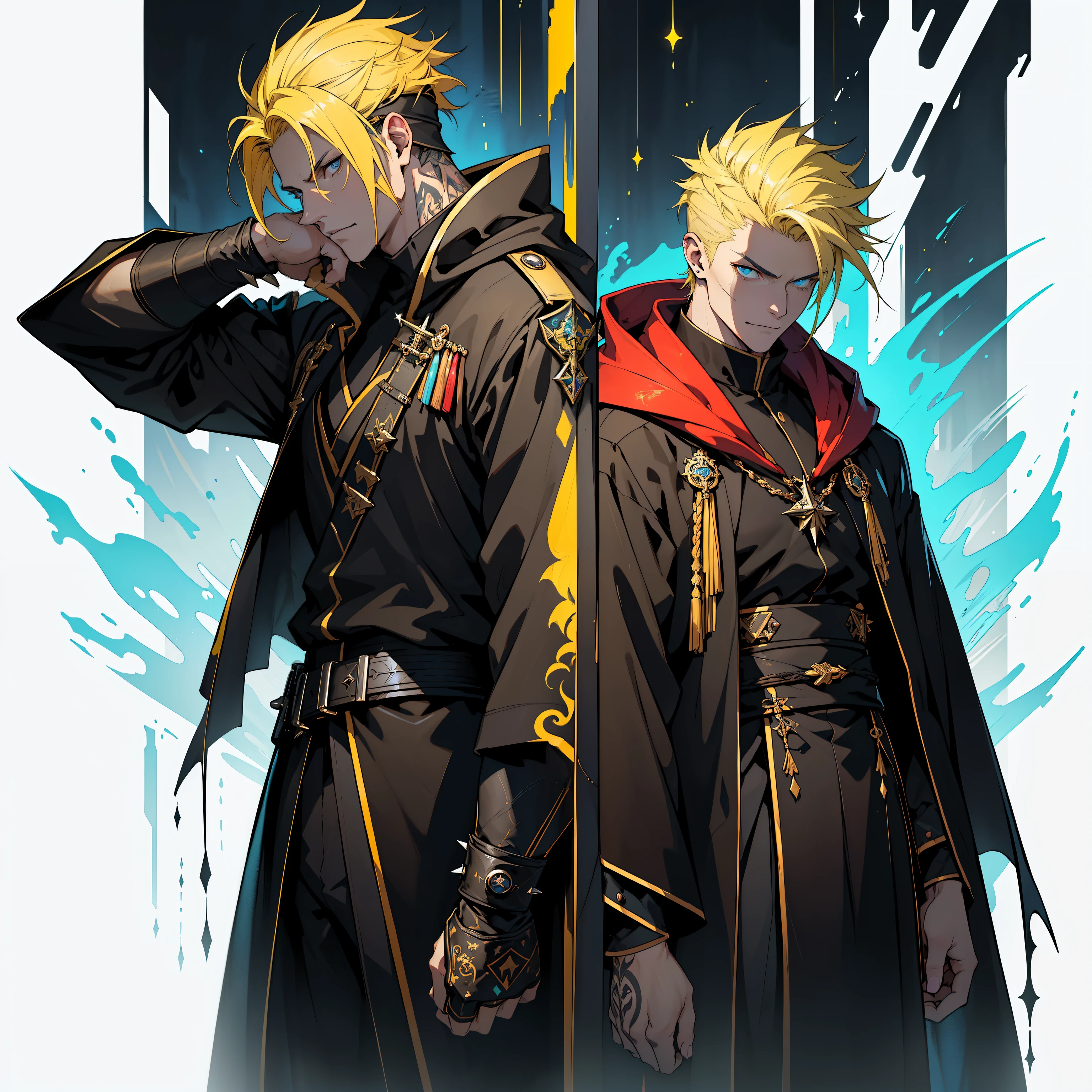 (in 8K、top-quality、masterpiece:1.2)、Vampire、Cyberpunk men、fantasy worlds、dark backgrounds、Clean design、Magnificent Instagram、art stations、Colorful paint splatter、silhuette、Ultra-detailed intricate details、unrealengine、Fantasia、intricate detailes、Splash Screen、Complementary color scheme、Fantasy concept art、an oil painting、heavy strokes、Paint dripping、(isolated on white:1.3)、Rainbow skin、(((Handsome young man)))、(glowingblueeyes)、 ((Bright eye)), (( spiky Long Yellow hair:1.1))), ((Black Millitary Coat)), (prinz\\(indifferent look\\),(Wearing a luxurious black robe with high detail))), Yellow-haired, Frost magic, ((breastsout), ((Wizard)).