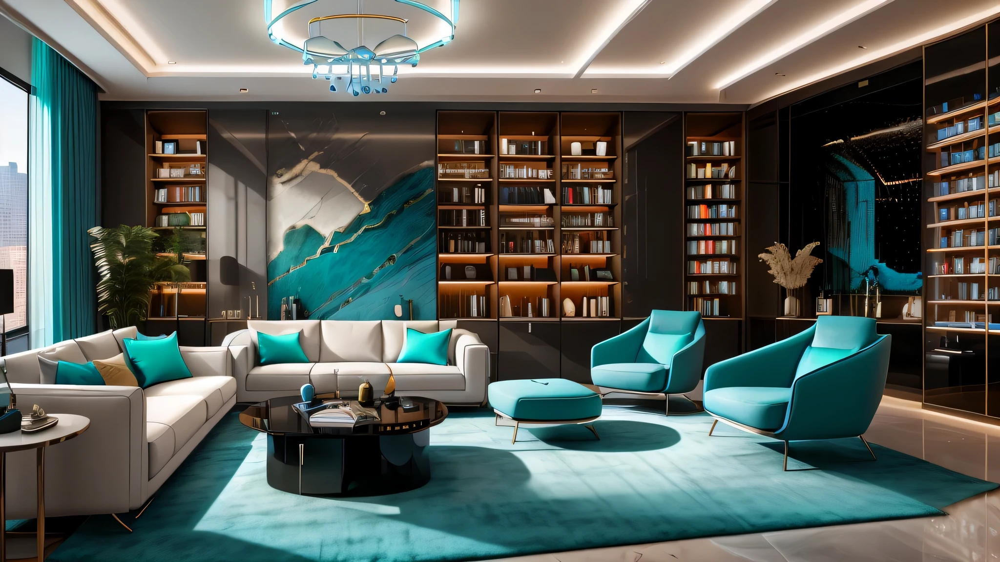 arafed white chair in a room with a book shelf and a book shelf, a portrait by Emanuel Witz, pexels, light and space, blue light accents, brightly lit blue room, neon ambient lighting, ambient teal light, futuristic looking living room, glowing blue interior components, blue accent lighting, glowing interior components, retro futuristic apartment, futuristic room