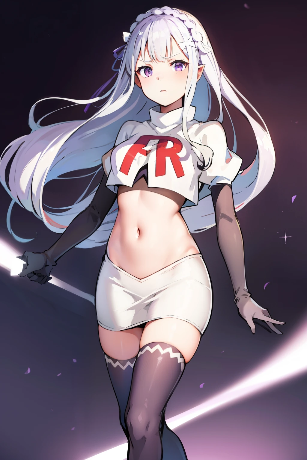 Chimacos, crop top, micro skirt, thigh high, glove, animal_ear, long_hair, rabbit_ear, white_hair, hairband, chest, a lot_long_hair, yellow_eyes, small_chest, smooth, Blush, open_mouth, smile, brown_eyes, Post lust, bedroom background
