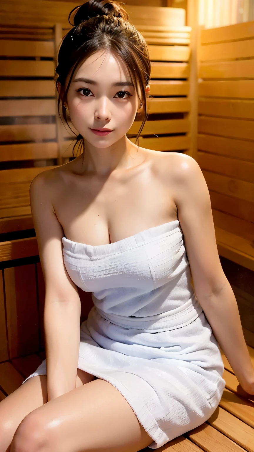 (1 female solo):1.5, (sauna:1.3), (whole body:1.3), (bun hair, dark brown hair), (highest quality, Photoreal:1.4, table top:1.3, Raw photo:1.2, cinematic light, highly detailed illustrations), (Very meticulously drawn face, Super Beautiful Maid, very delicate eyes, Ultra-detailed nooze, highly detailed mouth, highly detailed facial features, Super detailed body, Detailed hips, detailed thigh), (small breasts:1.3), from the front, show cleavage, (Very detailed towel fabric long dress:1.3, strapless), (sweat a lot), (Sitting on a wooden bench), leaning forward, smile:0.8, Light and shadow