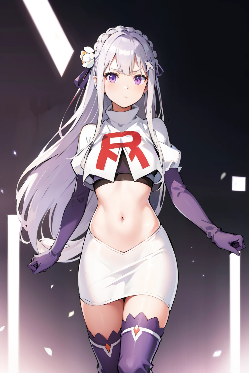 rezeroemilia, emilia, braid, crown braid, flower, hair flower, hair ornament, hair ribbon, long hair, low-tied long hair, (purple eyes:1.2), pointy ears, white flower, x hair ornament,team rocket,team rocket uniform, red letter R, white skirt,crop top,black thigh-high boots,black elbow gloves,
