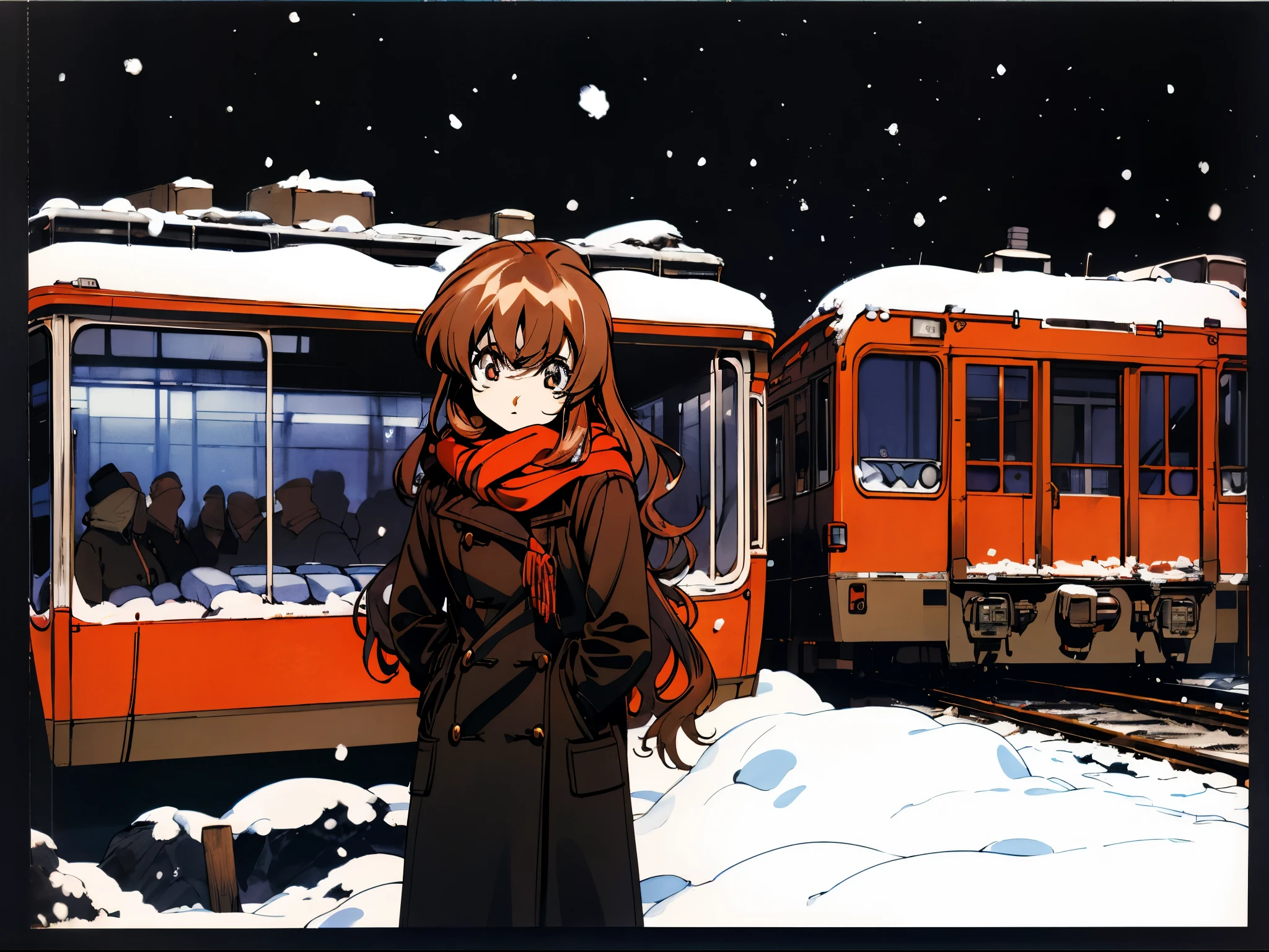 Taiga Aisaka standing by a train station on a cold snowy night, VHS, winter, (snow), vintage, manga style, black background, (bangs), coat, 1girl, scarf, dark, light brown hair, wavy hair, eyes closed