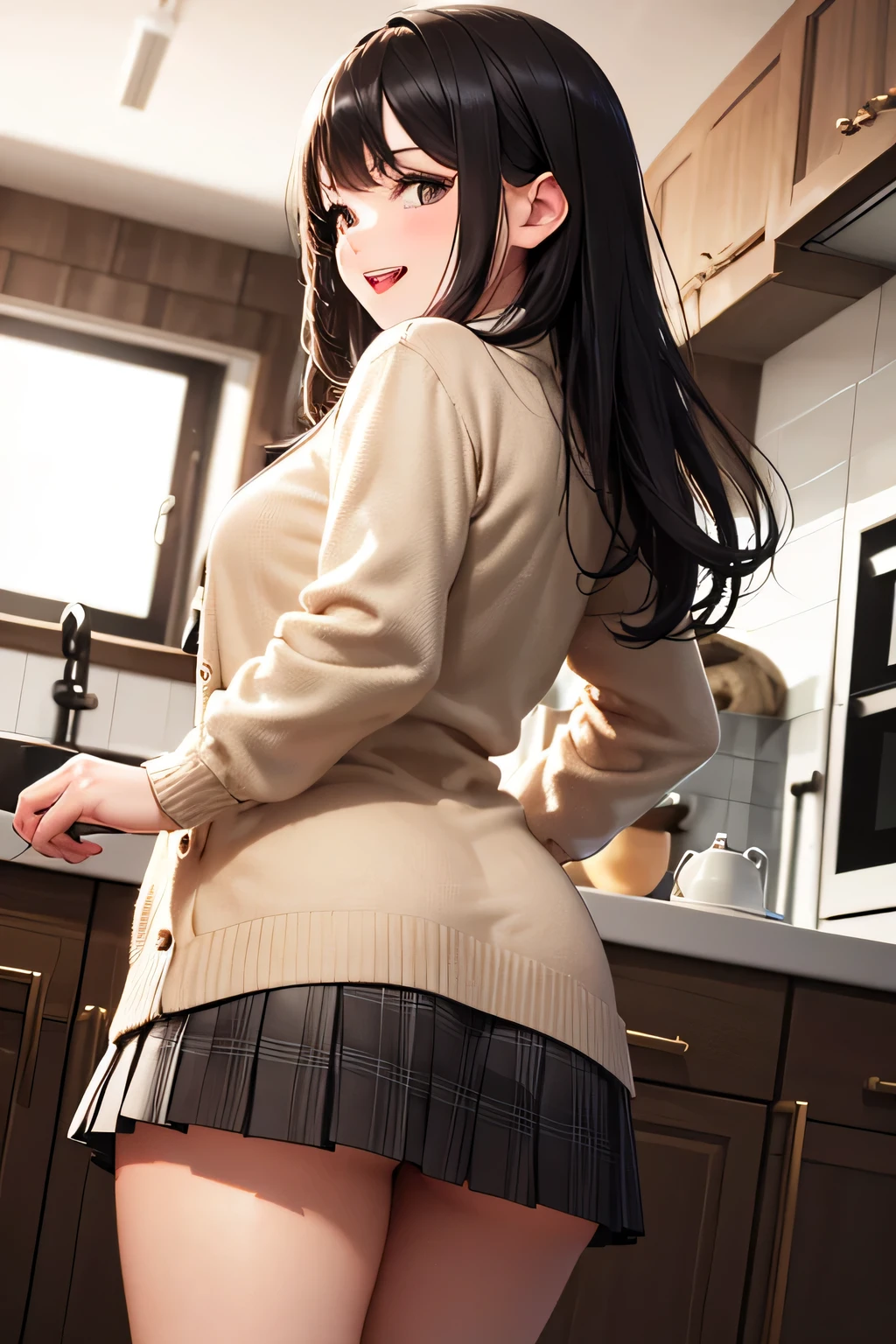 A very cute and beautiful girl standing in the kitchen,(very detailed美しい顔),white blouse,(smile),cowboy shot,(beige cardigan:1.2) break (think back,from behind),leaning forward,looking at the viewer, (Pleated Plaid Mini Skirt:1.2),from below,white panties, black hair,kitchen pot,white tea cup and plate,seasoning bottle, (highest quality,masterpiece:1.2),disorganized,High resolution,super detailed,very detailed,32K,8K resolution, intricate details,movie-like scene,detailed background,alone,dynamic angle,perfect hands,