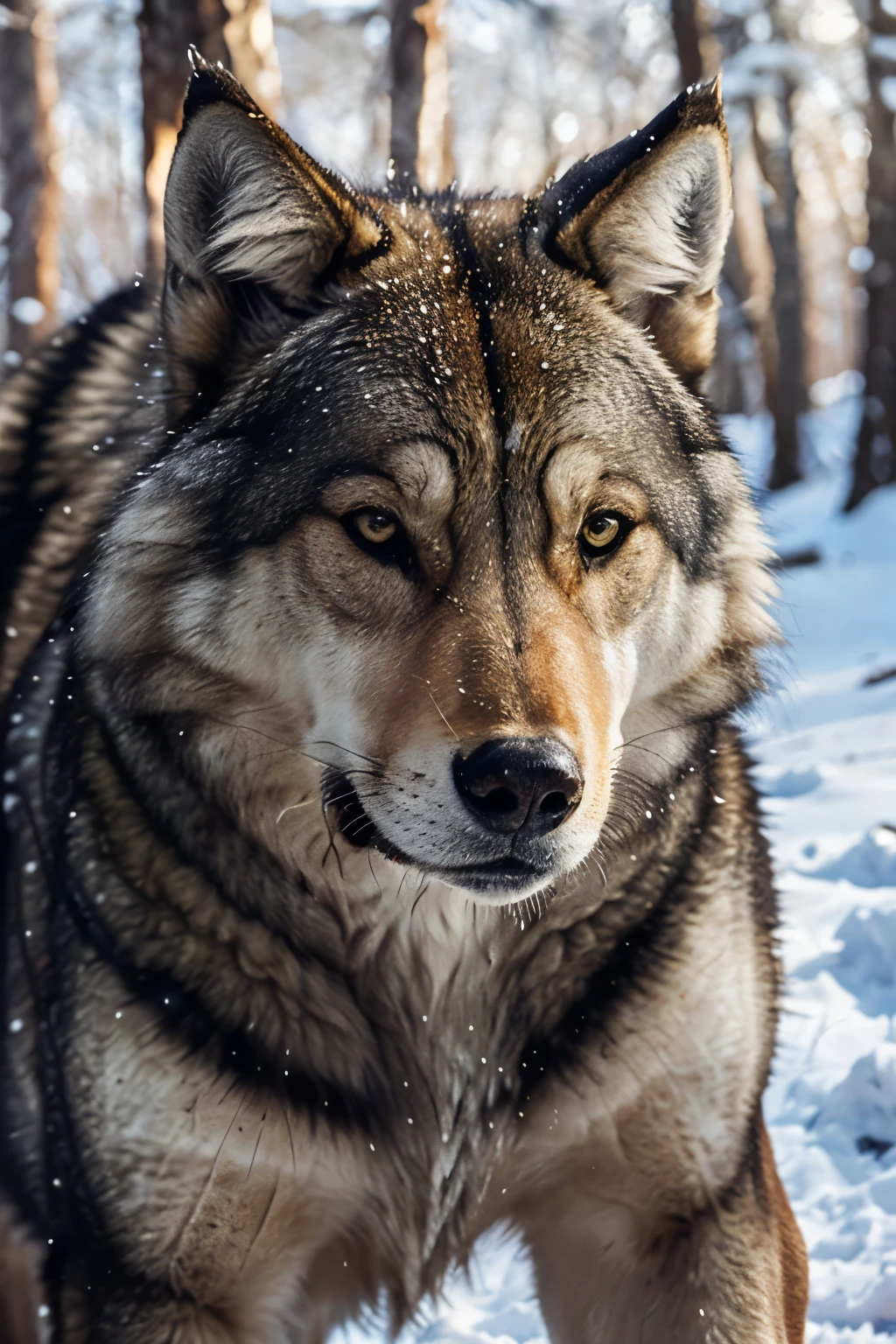 The Tambov wolf, a majestic and powerful predator, is captured in this image during a crisp morning in the Russian forests. With piercing amber eyes and a thick, robust body covered in a dense, warm coat of silver-gray fur, this wolf exudes strength and resilience. The intricate details of his fur texture are highlighted with a sharp focus, showcasing each individual strand, as the sun casts a warm, golden light upon his muscular form. The realistic texture of his visage is evident in the detailed and highly-defined wrinkles around his snout, highlighting his aged wisdom. With a keen gaze, he appears both mysterious and alluring, a true masterpiece of