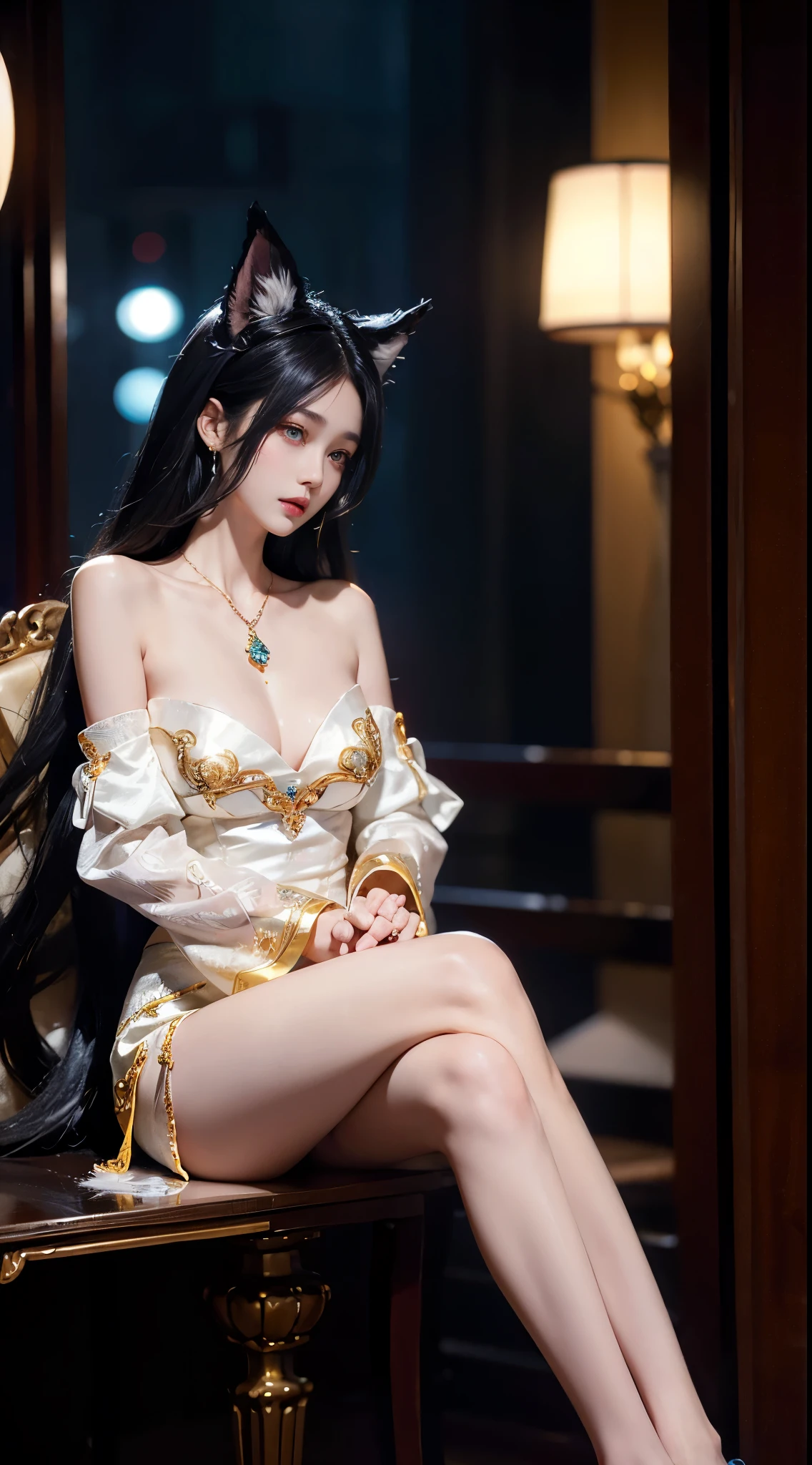 Ahri_Cosplay, White Tails, Black long hair, yellow eyes,  ((full body)), ((from below)), ((sitting position)), ((Sit on a barstool)), clear face, pretty face, 8k, masterpiece, original photo, best quality, detail:1.2,lifelike, detail, Very detailed, CG, unified, wallpapers, depth of field, movie light, lens flare, Ray tracing, (extremely beautiful face, beautiful lips, beautiful eyes), intricate, detail的脸, ((ultra detailed skin)), 1 girl, in the darkness, deep shadow, beautiful korean girl, kpop idol,(Very slim figure:1.3), A plump chest, Large breasts, Slender sexy legs, Very nice legs, elegant posture, (bright smile), (City night, (neon lights), (night), beautiful korean girl, white diamond earrings, Diameter bracelet, Dia necklace, clear eyes, (big eyes)