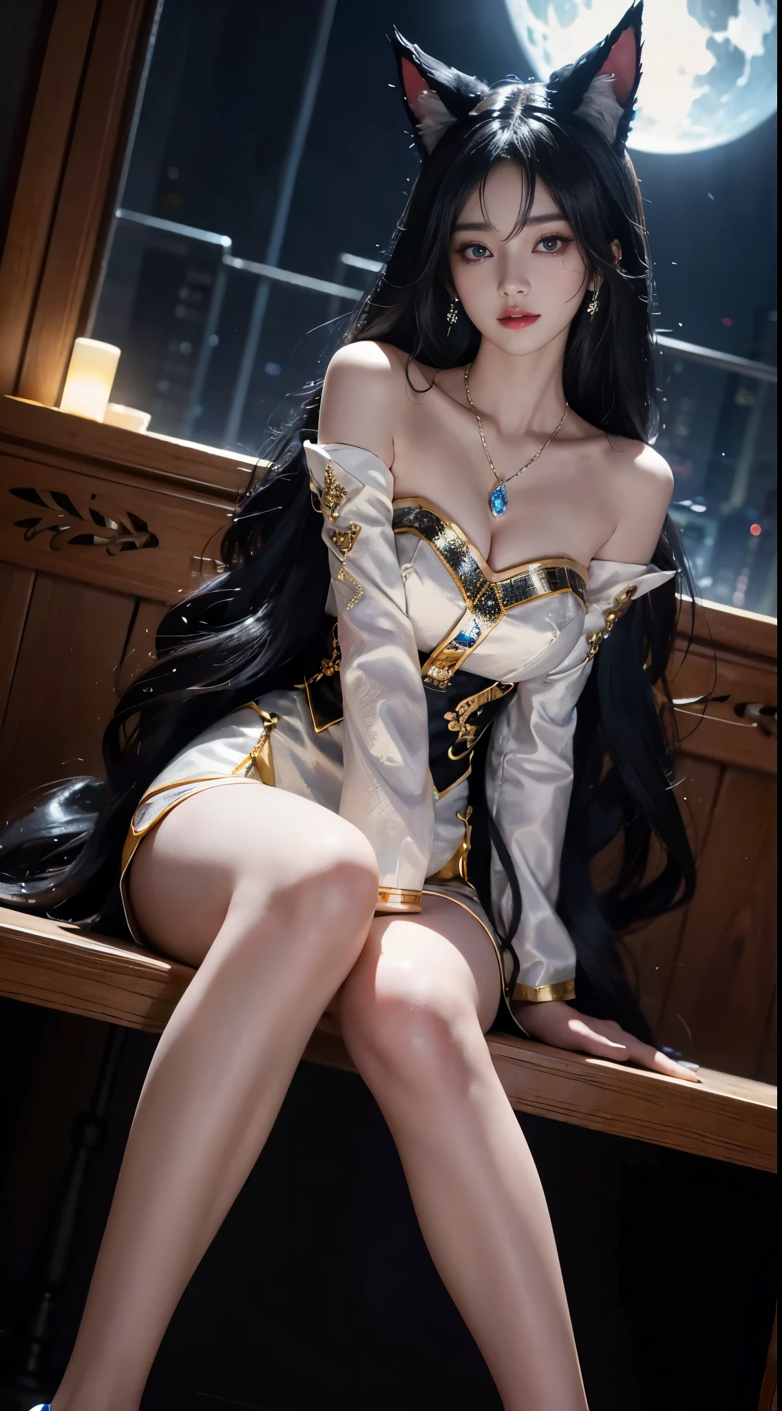 Ahri_Cosplay, White Tails, Black long hair, yellow eyes,  ((full body)), ((from below)), ((sitting position)), ((Sit on a barstool)), clear face, pretty face, 8k, masterpiece, original photo, best quality, detail:1.2,lifelike, detail, Very detailed, CG, unified, wallpapers, depth of field, movie light, lens flare, Ray tracing, (extremely beautiful face, beautiful lips, beautiful eyes), intricate, detail的脸, ((ultra detailed skin)), 1 girl, in the darkness, deep shadow, beautiful korean girl, kpop idol,(Very slim figure:1.3), A plump chest, Large breasts, Slender sexy legs, Very nice legs, elegant posture, (bright smile), (City night, (neon lights), (night), beautiful korean girl, white diamond earrings, Diameter bracelet, Dia necklace, clear eyes, (big eyes)