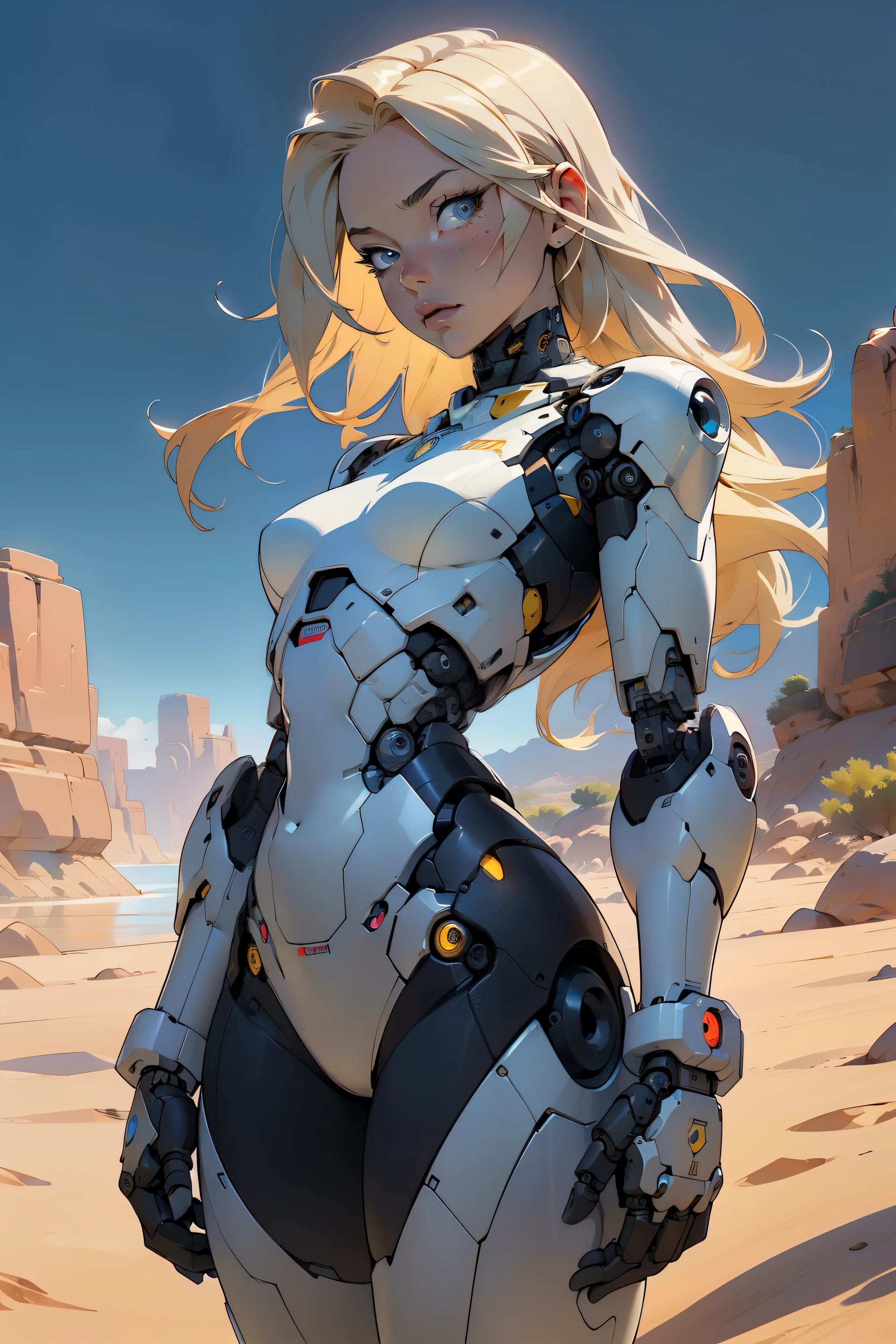 high quality, 4k, masterpiece, beautiful, cyborg girl, cowboy shot, dull eyes, looking at viewer, long blonde hair, girl, small breasts, slim thighs, robotic arms, robotic body, cyborg body, yellow accent, intricate detail, joint, detailed lines, robotic detail, holding fist up, holding hand up as fist, color robotic parts, robotic parts with color, perfect fingers, on a desert planet, sunny background, colorful desert, a river or a lake in the background