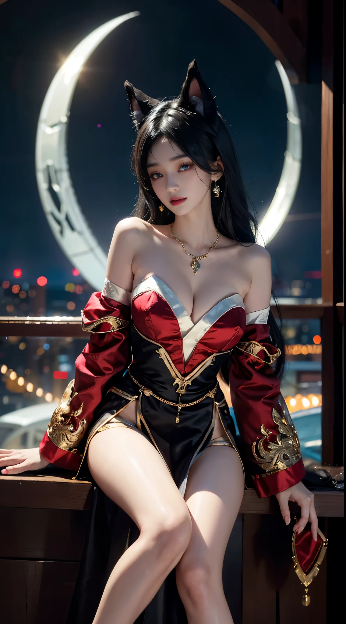 Ahri_Cosplay, White Tails, Black long hair, yellow eyes,  ((full body)), ((from below)), ((sitting position)), ((Sit on a barstool)), clear face, pretty face, 8k, masterpiece, original photo, best quality, detail:1.2,lifelike, detail, Very detailed, CG, unified, wallpapers, depth of field, movie light, lens flare, Ray tracing, (extremely beautiful face, beautiful lips, beautiful eyes), intricate, detail的脸, ((ultra detailed skin)), 1 girl, in the darkness, deep shadow, beautiful korean girl, kpop idol,(Very slim figure:1.3), A plump chest, Large breasts, Slender sexy legs, Very nice legs, elegant posture, (bright smile), (City night, (neon lights), (night), beautiful korean girl, white diamond earrings, Diameter bracelet, Dia necklace, clear eyes, (big eyes)