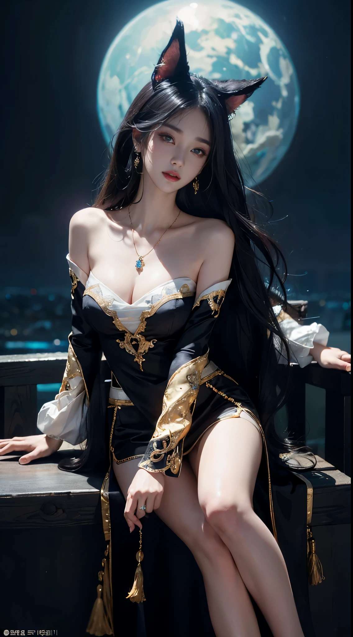 Ahri_Cosplay, White Tails, Black long hair, yellow eyes,  ((full body)), ((from below)), ((sitting position)), ((Sit on a barstool)), clear face, pretty face, 8k, masterpiece, original photo, best quality, detail:1.2,lifelike, detail, Very detailed, CG, unified, wallpapers, depth of field, movie light, lens flare, Ray tracing, (extremely beautiful face, beautiful lips, beautiful eyes), intricate, detail的脸, ((ultra detailed skin)), 1 girl, in the darkness, deep shadow, beautiful korean girl, kpop idol,(Very slim figure:1.3), A plump chest, Large breasts, Slender sexy legs, Very nice legs, elegant posture, (bright smile), (City night, (neon lights), (night), beautiful korean girl, white diamond earrings, Diameter bracelet, Dia necklace, clear eyes, (big eyes)