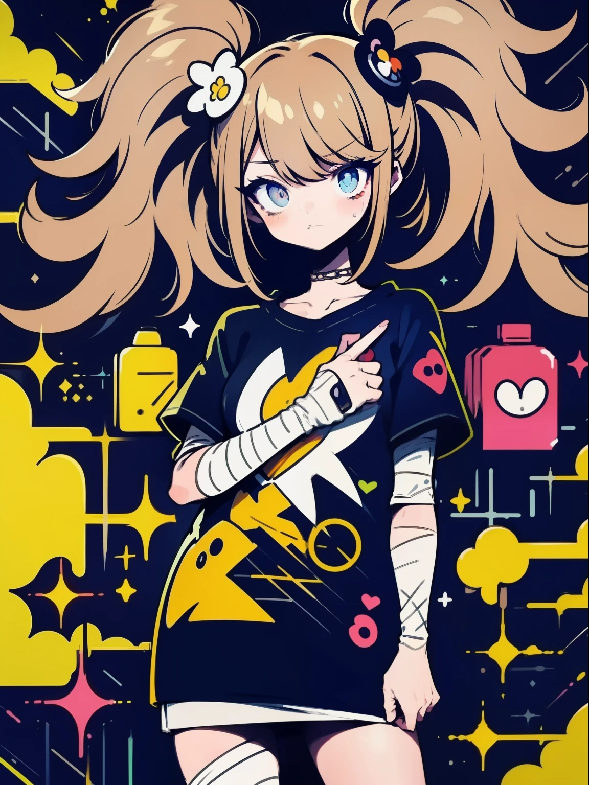 hightquality、neon color palette、high-level image quality、Kawaii Girl、Unprecedented amount of drawing、anime styled、Geometric pattern background、sticker style、short hair、dark hair、brown eyes, messy hair, menhera, bandages, loose clothing, baggy t-shirt, self harm, guro, dark, depressed, eye bags, heavy eyes, dark eyes