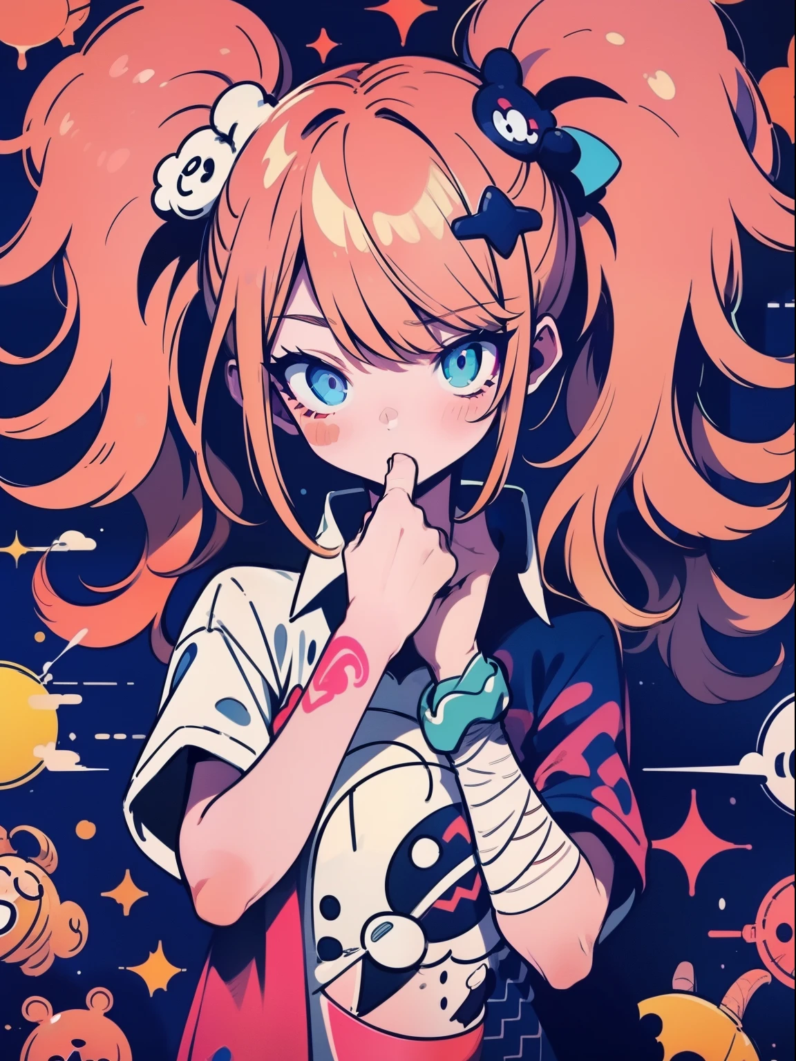 hightquality、neon color palette、high-level image quality、Kawaii Girl、Unprecedented amount of drawing、anime styled、Geometric pattern background、sticker style、short hair、dark hair、brown eyes, messy hair, menhera, bandages, loose clothing, baggy t-shirt, self harm, guro, dark, depressed, eye bags, heavy eyes, dark eyes