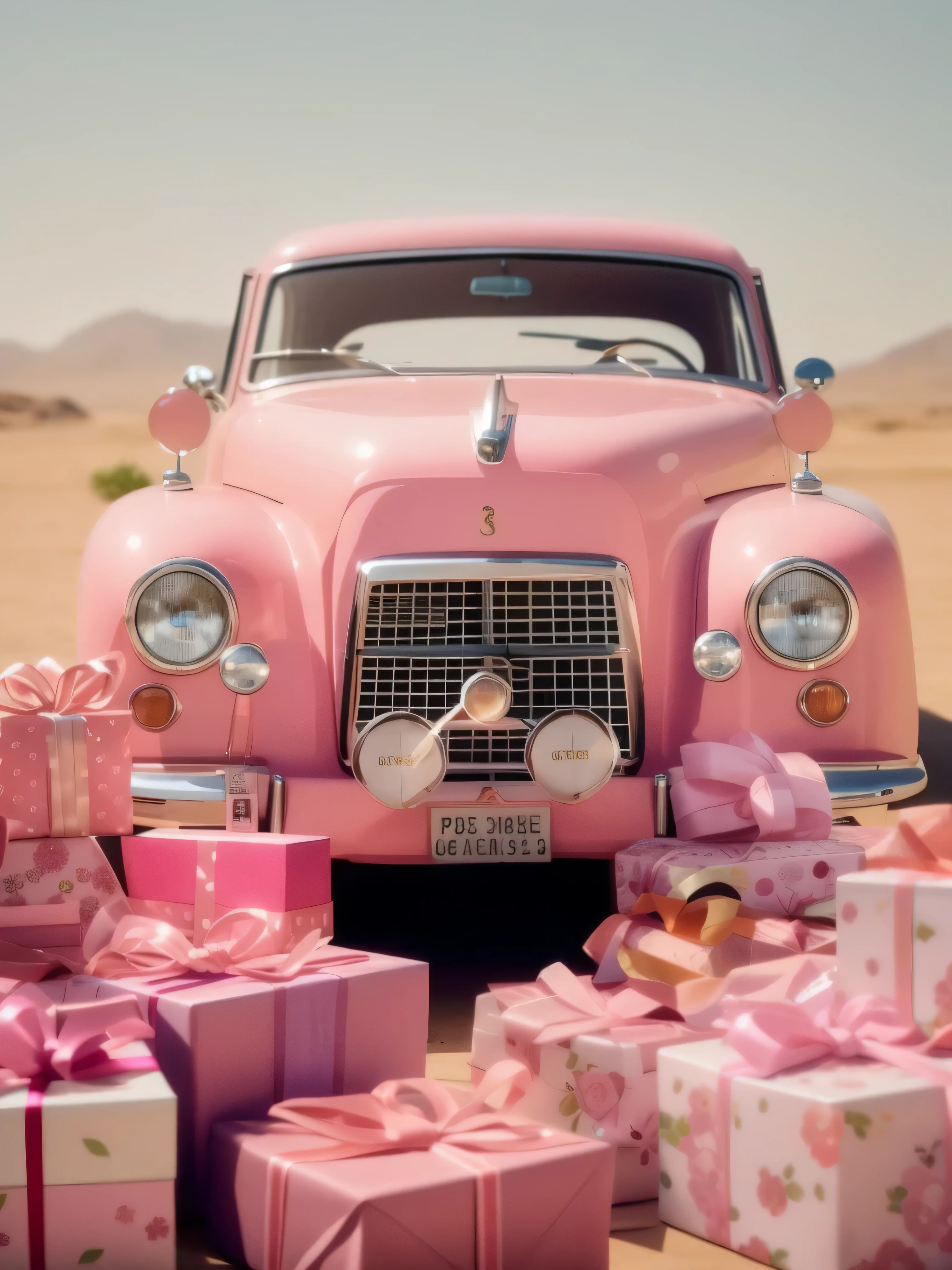 there is a pink car with many presents in the bac色的 power, pink, pink pastel, ((pink)), shades of pink, pink magic, 5 0 s aesthetic, pastel pink, heaven pink, charming, pink hues, pink and pink details, pink iconic character, (pink colors), inspired by Peter Alexander Hay, inspiring, How cute, pink vibe