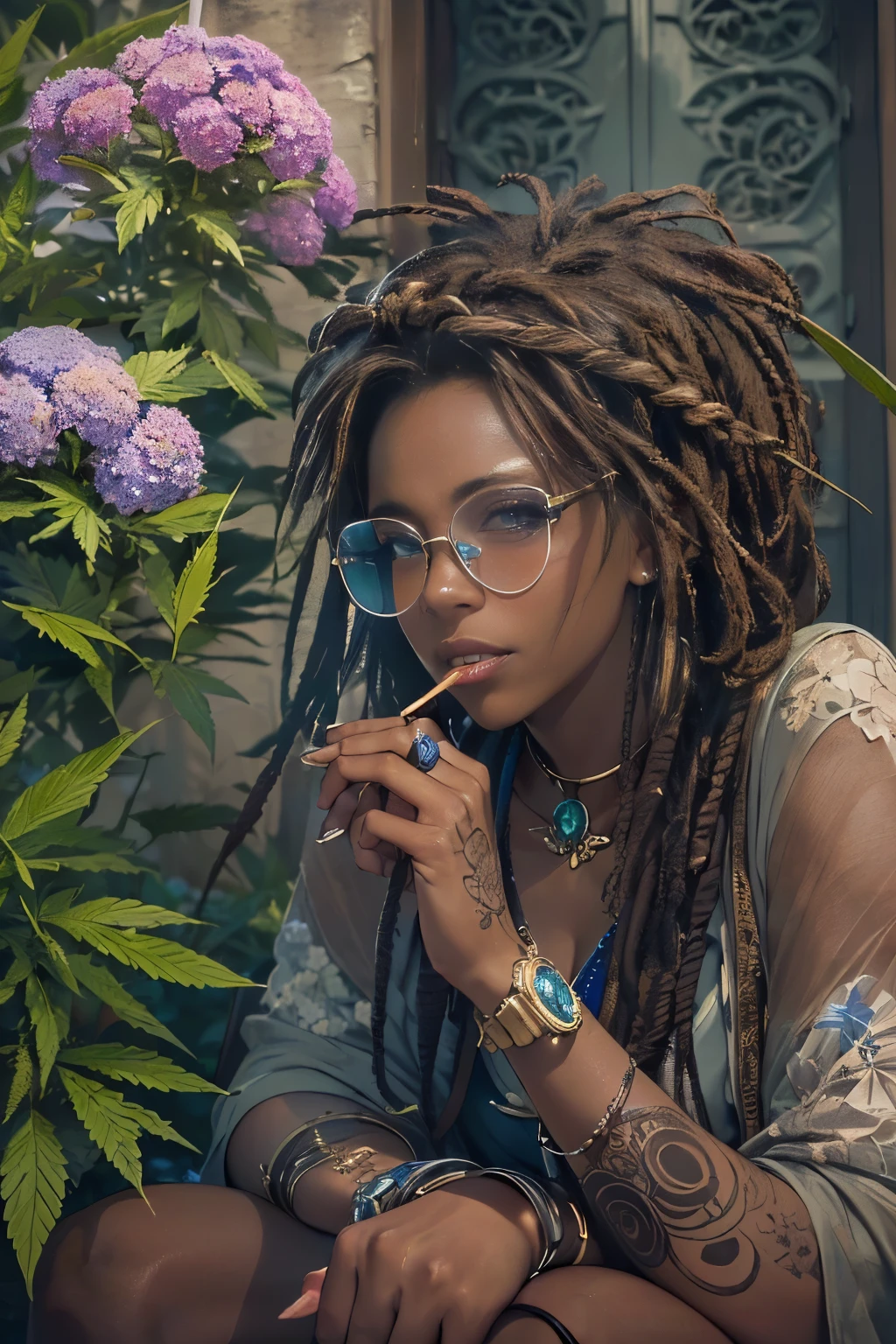 ((determined ((dark-skinned ((Haitian)) female steampunk exorcist with freeform braided hairstyle wearing glasses)) outside rolling up herbal joint while waiting for tea to boil, (wearing detailed flowing outfit), (cannabis flower tattoos on arms and legs), high quality photo, relaxing and smoking in the garden (with copious tall cannabis sativa plants and hydrangeas surrounding scene during foggy sunrise), masterpiece, highly detailed, perfect face