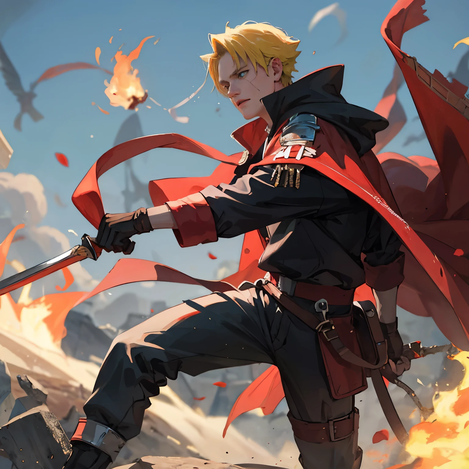 8k, best quality, masterpiece, highly detailed, semi realistic, 1 boy, mature male, 20 years old, yellow hair, short hair, curtain bangs, blue pupils, golden armor, black fluffy pants, golden iron boots, redblack fluffy brimmed cloak, wielding sword, knight, coronation ceremony,War, flames, bloodstains,Lily, petal rain,banner, uzumaki naruto, from front, masculine, tall, handsome