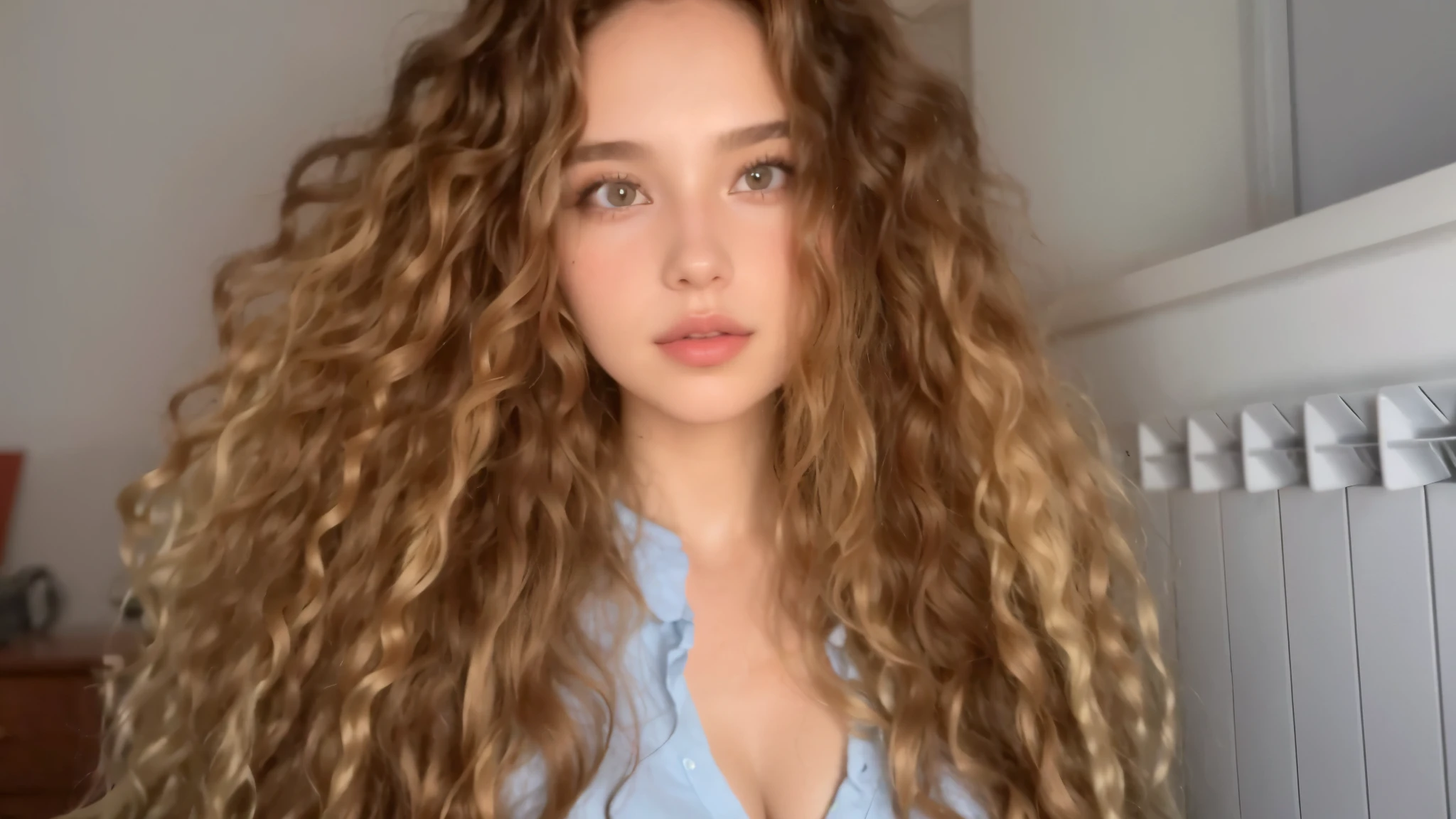 a close up of a woman with long curly hair and a blue shirt, long messy curly hair, portrait sophie mudd, with long curly hair, very very curly blond hair, face like ester exposito, long curly hair, very very long blond curly hair, messy curly hair, she has messy hair, long curly hair intricate, wavy hair spread out, curly