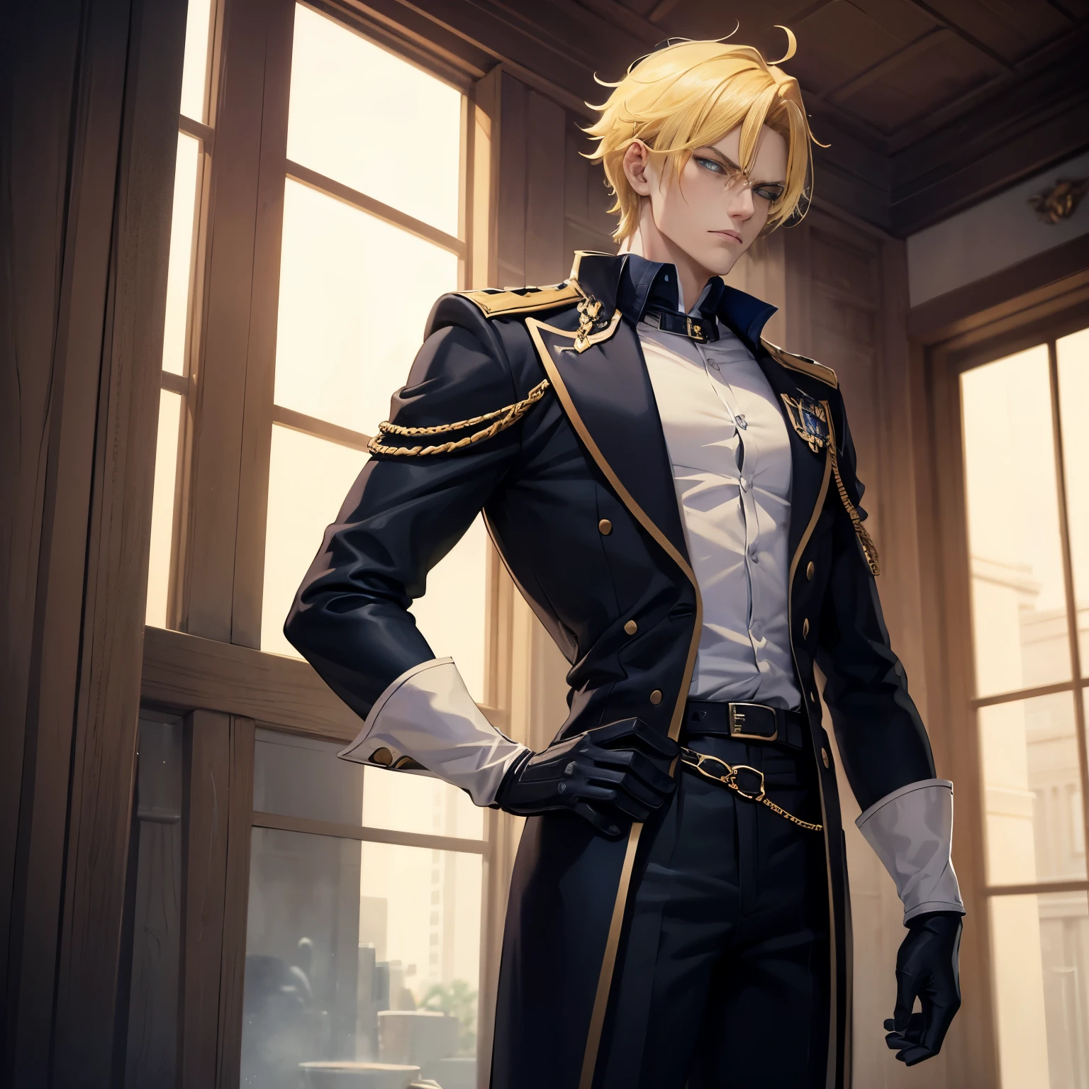 The British villain is tall and strong, with pale skin, short light Spiky Yellow hair, Blue eyes, and white gloves, depicting a serious demeanor in the style of an anime style, showing intricate details.