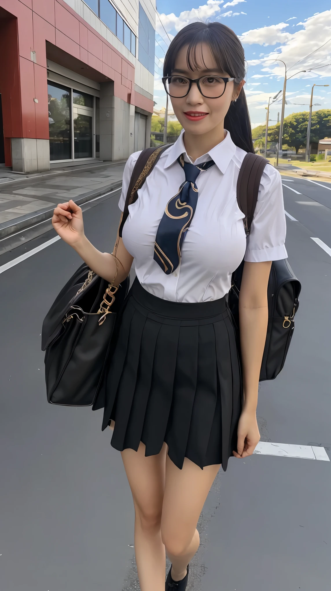 masterpiece, best quality, ultra-detailed, illustration,, (paisura:1.4), 1girl, glasses, big breasts, necktie, sexy skirt, bag, sexy school uniform, black hair, outdoors, road, between breasts, street, school bag, ground vehicle, danchi, japan,,  slender body 