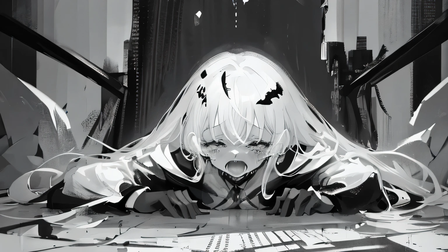 abstract paintings、monochrome、black and white、grotesque、despair、aromatic、suicide、tragedy、sad、Are crying、Are crying、shout、泣きshout