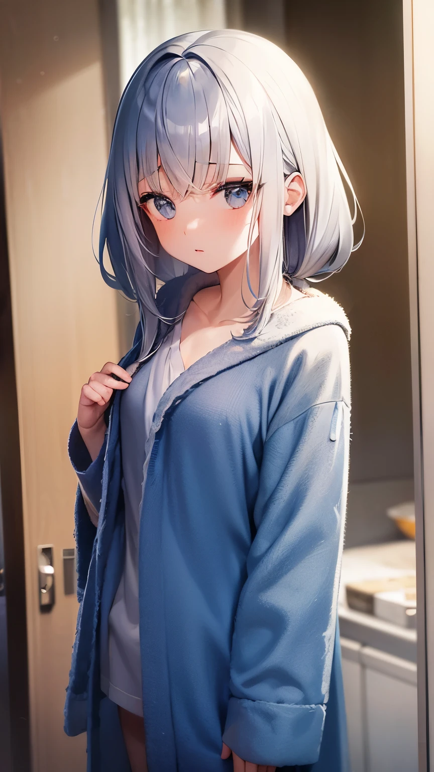 girl　silver hair　blue bathrobe　inside the room