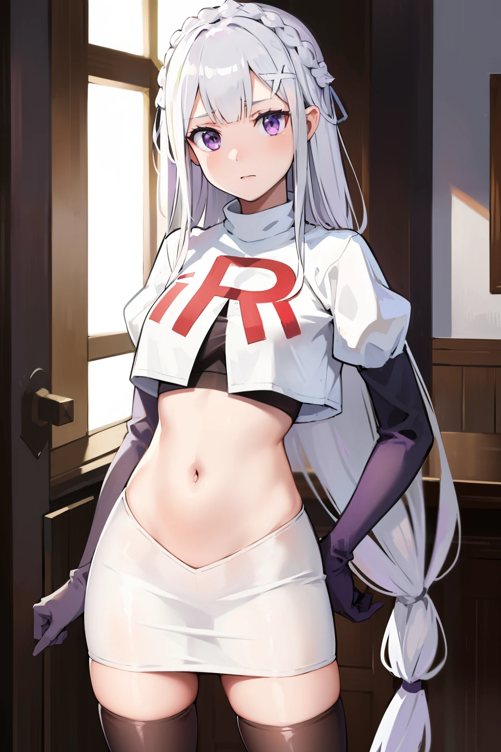 rezeroemilia, emilia, braid, crown braid, flower, hair flower, hair ornament, hair ribbon, long hair, low-tied long hair, (purple eyes:1.2), pointy ears, white flower, x hair ornament,team rocket,team rocket uniform, red letter R, white skirt,crop top,black thigh-high boots,black elbow gloves,