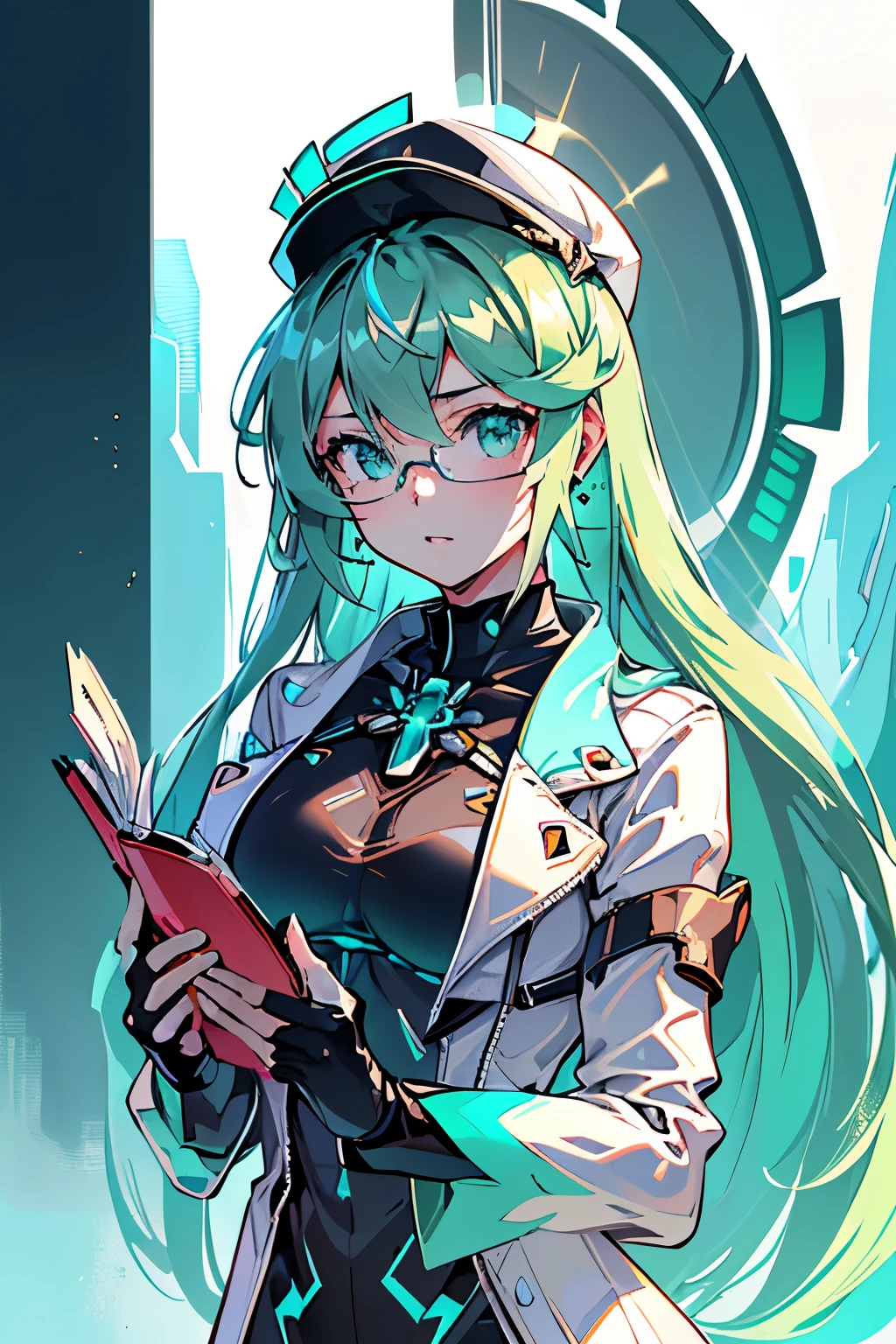 Anime, Girl, (((1girl))), (((Waifu, Xenoblade Chronicles 2, Pneuma Waifu))), (((Seafoam Green Hair, Long Hair))), ((Seafoam Green Eyes eyes:1.3, Upturned Eyes: 1, Perfect Eyes, Beautiful Detailed Eyes, Gradient eyes: 1, Finely Detailed Beautiful Eyes: 1, Symmetrical Eyes: 1, Big Highlight On Eyes: 1.2)), (((Lustrous Skin: 1.5, Bright Skin: 1.5, Skin Fair, Shiny Skin, Very Shiny Skin, Shiny Body, Plastic Glitter Skin, Exaggerated Shiny Skin, Illuminated Skin))), (Detailed Body, (Detailed Face)), Young, Idol Pose, (Best Quality), ((((Techwear))), (((Military Uniform))), (((Military Cap))), (((Military Coat))), (((Thigh-high Heeled Boots))), (((Reading Glasses))), (((Earrings)))) High Resolution, Sharp Focus, Ultra Detailed, Extremely Detailed, Extremely High Quality Artwork, (Realistic, Photorealistic: 1.37), 8k_Wallpaper, (Extremely Detailed CG 8k), (Very Fine 8K CG), ((Hyper Super Ultra Detailed Perfect Piece)), (((Flawlessmasterpiece))), Illustration, Vibrant Colors, (Intricate), High Contrast, Selective Lighting, Double Exposure, HDR (High Dynamic Range), Post-processing, Background Blur