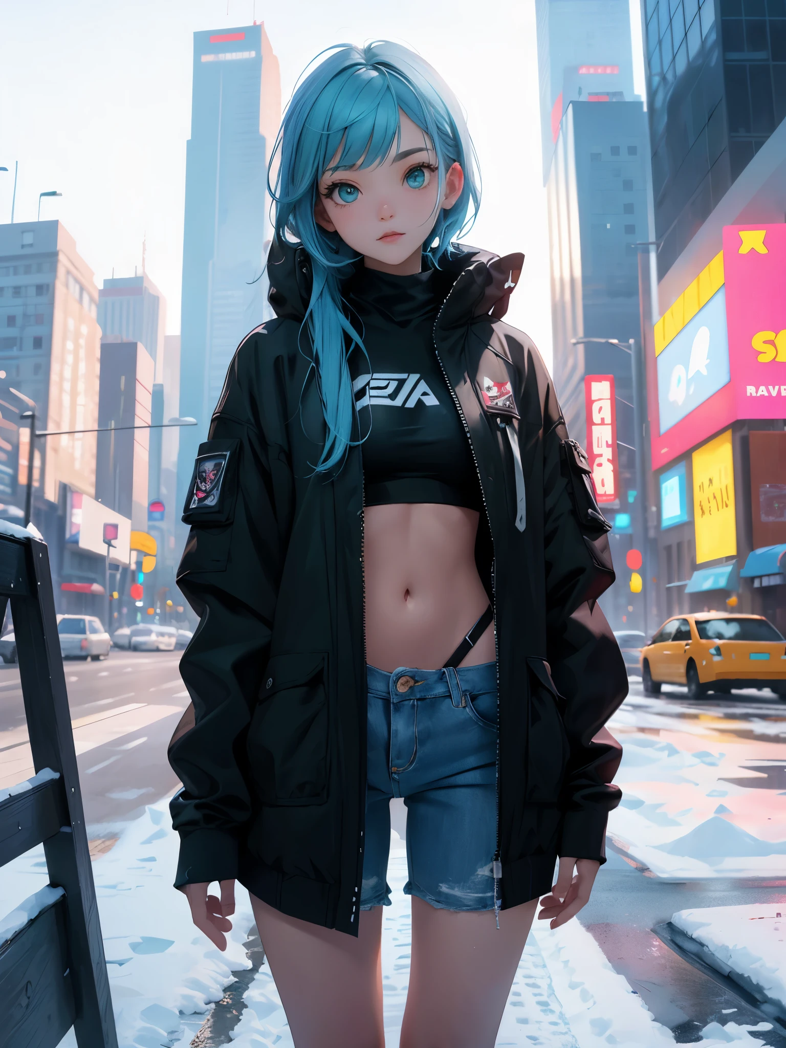best quality,ultra high resolution,1 girl,alone,whole body,snow,City,, blue hair,green eyes,Jie Kang,wear bikini,