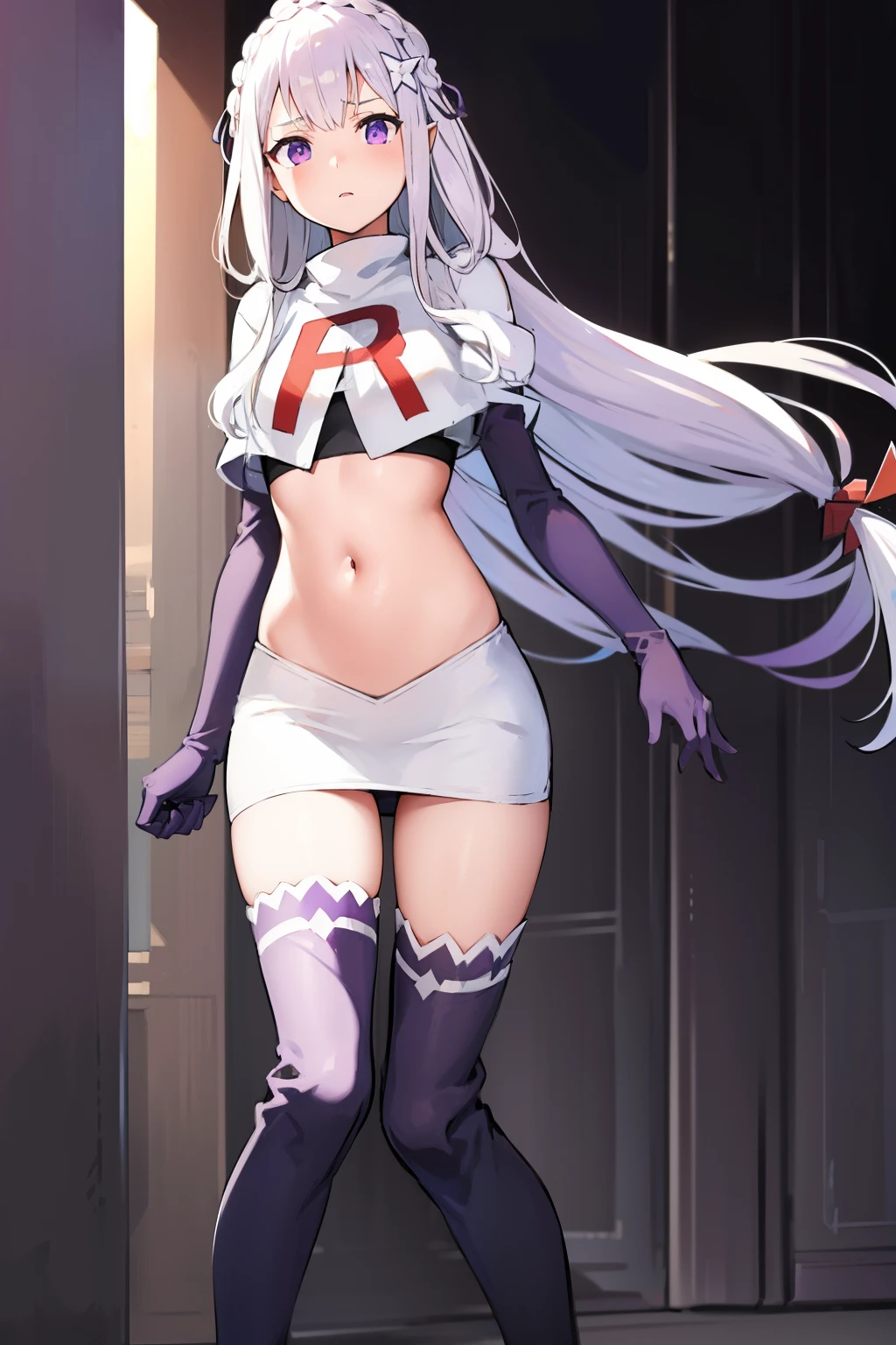 rezeroemilia, emilia, braid, crown braid, flower, hair flower, hair ornament, hair ribbon, long hair, low-tied long hair, (purple eyes:1.2), pointy ears, white flower, x hair ornament,team rocket,team rocket uniform, red letter R, white skirt,crop top,black thigh-high boots,black elbow gloves,