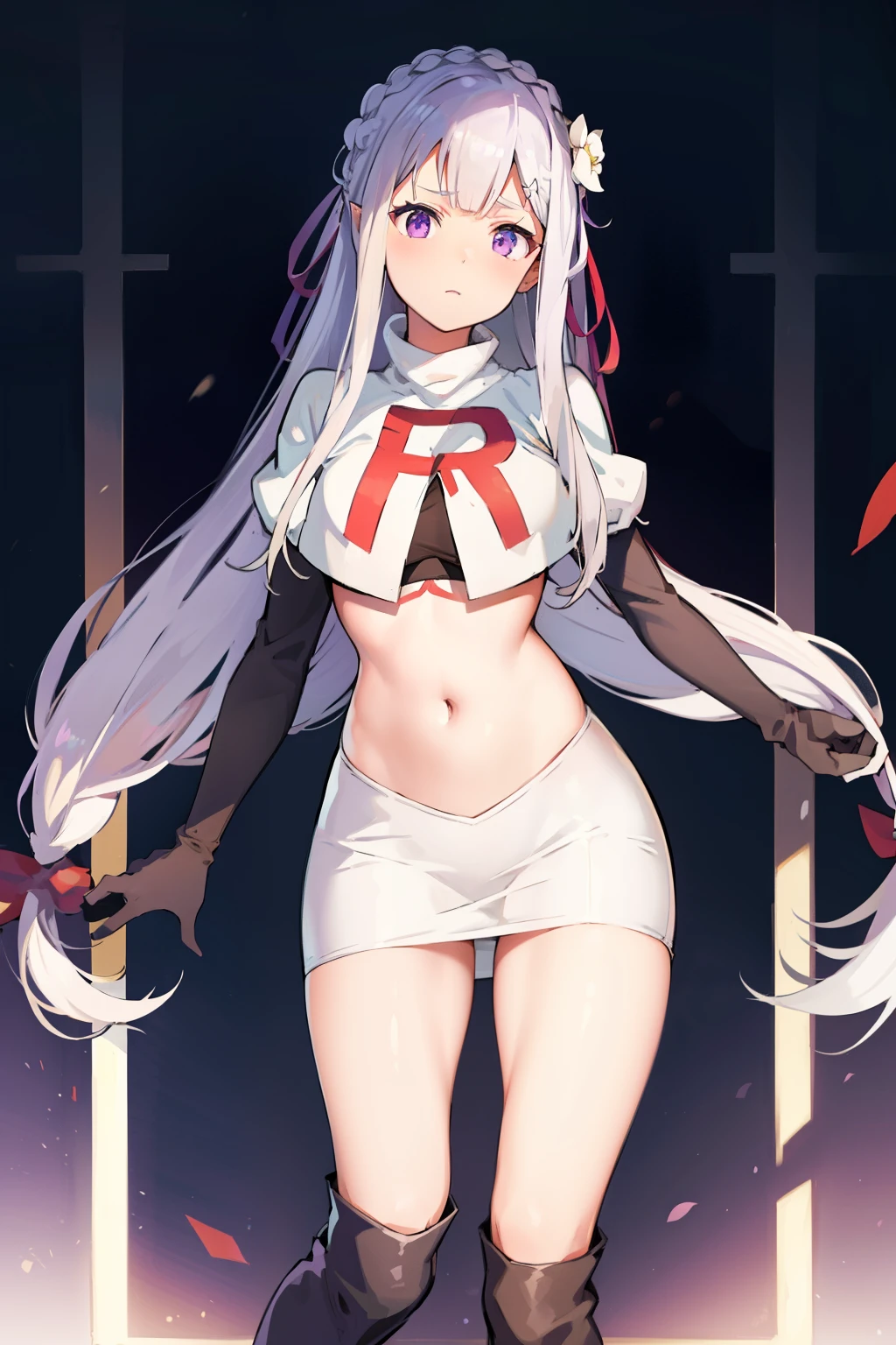 rezeroemilia, emilia, braid, crown braid, flower, hair flower, hair ornament, hair ribbon, long hair, low-tied long hair, (purple eyes:1.2), pointy ears, white flower, x hair ornament,team rocket,team rocket uniform, red letter R, white skirt,crop top,black thigh-high boots,black elbow gloves,