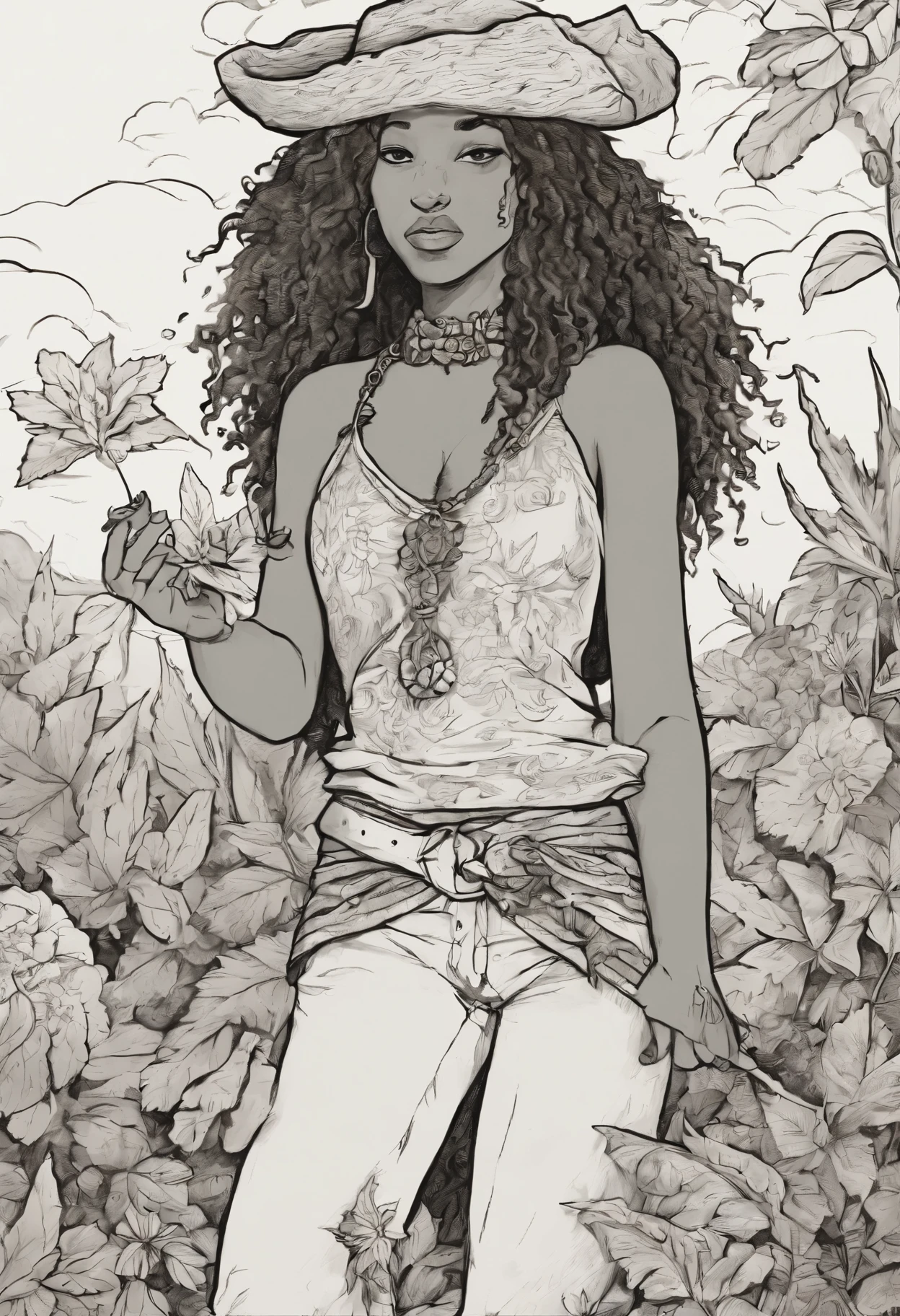 ((determined ((dark-skinned ((Haitian)) female pirate)) outside rolling up herbal joint, (wearing detailed flowing outfit), (wearing snake scale choker), (cannabis flower tattoos on arms and legs), high quality photo, relaxing and smoking on pirate ship (with copious tall cannabis sativa plants and hydrangeas surrounding scene during foggy sunrise)