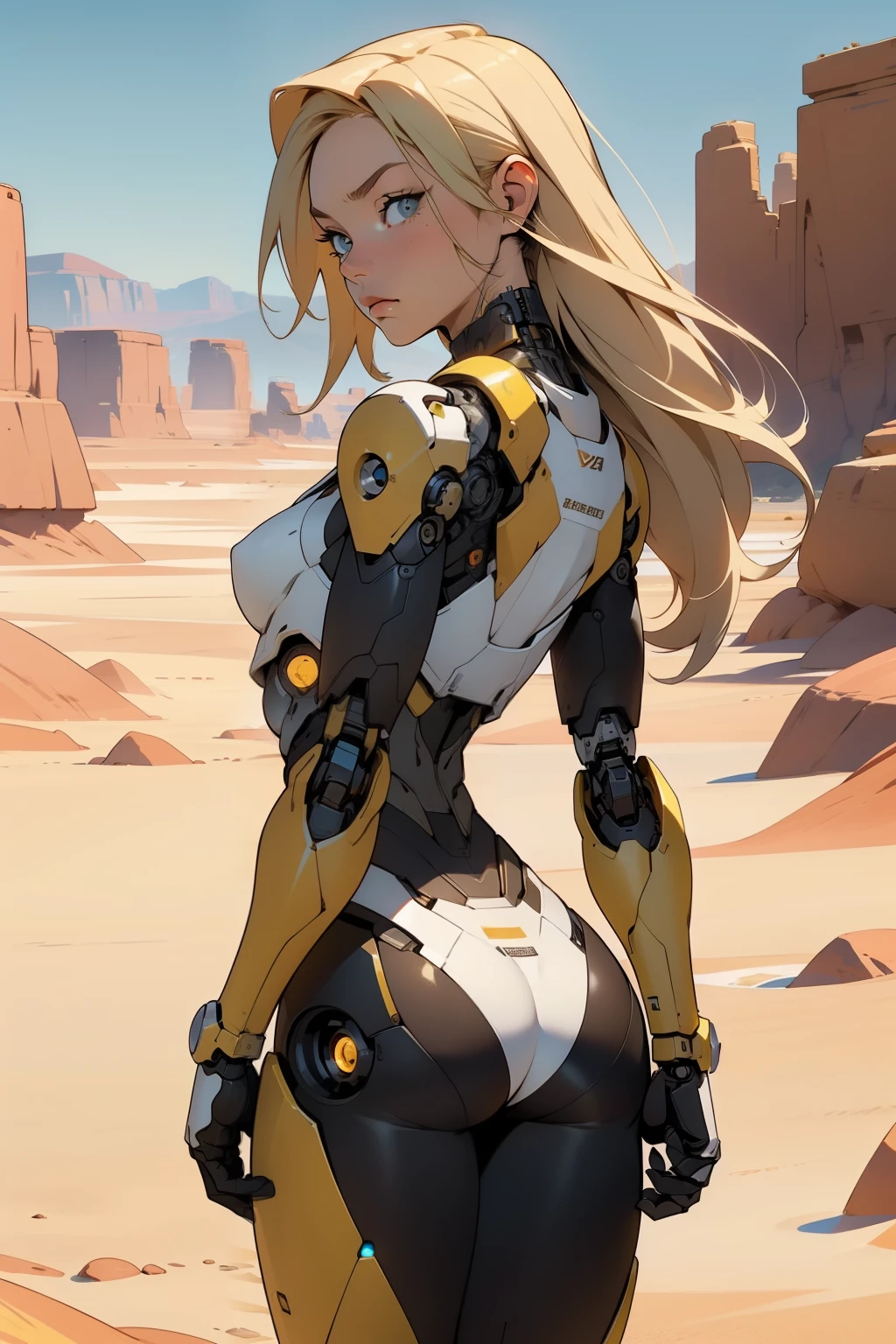 high quality, 4k, masterpiece, beautiful, cyborg girl, cowboy shot, dull eyes, back side, turning around to look at viewer, long blonde hair, girl, small breasts, fit thigh, robotic arms, robotic body, cyborg body, yellow accent, red accent, intricate detail, joint, detailed lines, robotic detail, holding fist up, holding hand up as fist, color robotic parts, robotic parts with color, perfect fingers, on a desert planet, sunny background, colorful desert, a river or a lake in the background