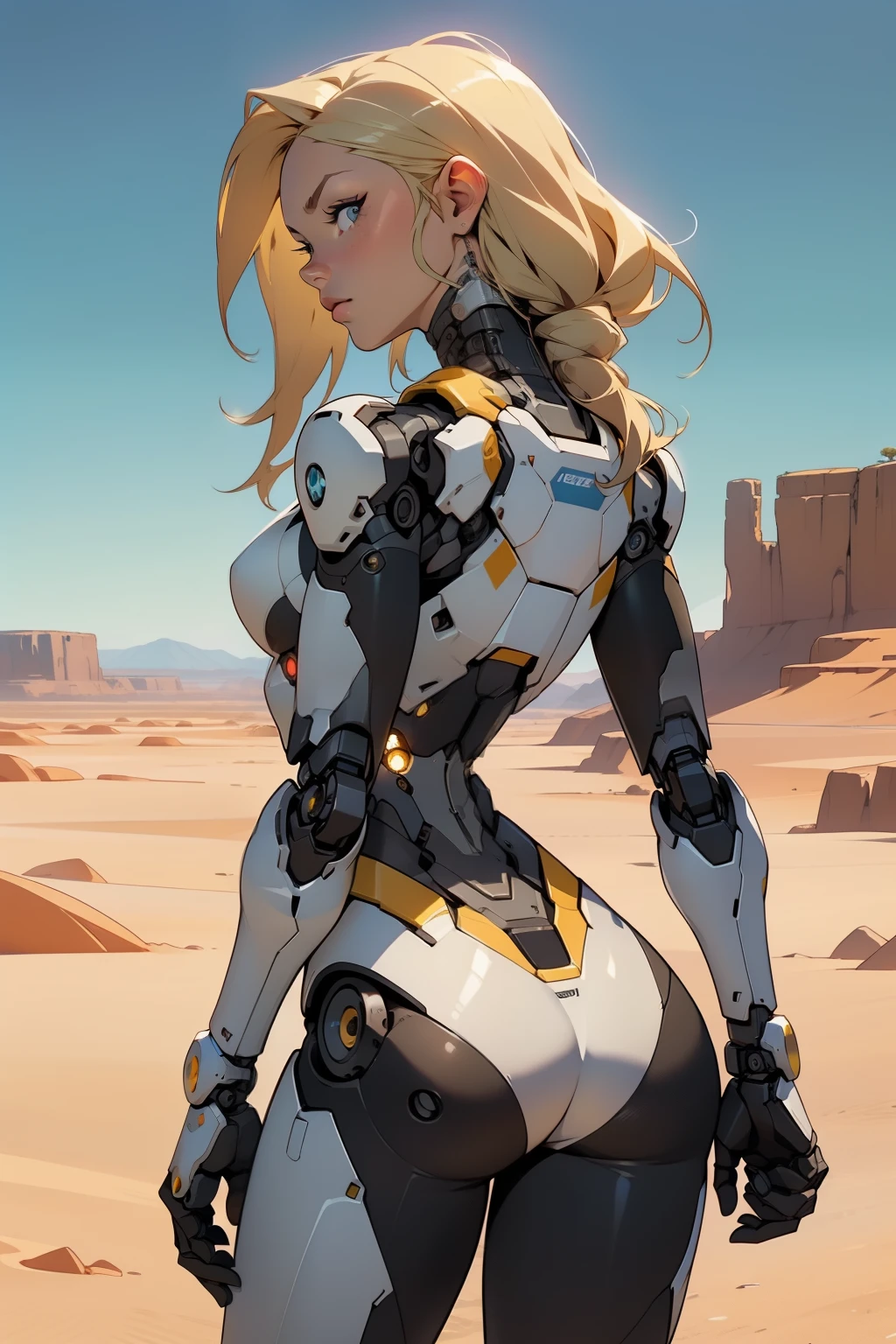 high quality, 4k, masterpiece, beautiful, cyborg girl, cowboy shot, dull eyes, back side, turning around to look at viewer, long blonde hair, girl, small breasts, fit thigh, robotic arms, robotic body, cyborg body, yellow accent, red accent, intricate detail, joint, detailed lines, robotic detail, holding fist up, holding hand up as fist, color robotic parts, robotic parts with color, perfect fingers, on a desert planet, sunny background, colorful desert, a river or a lake in the background