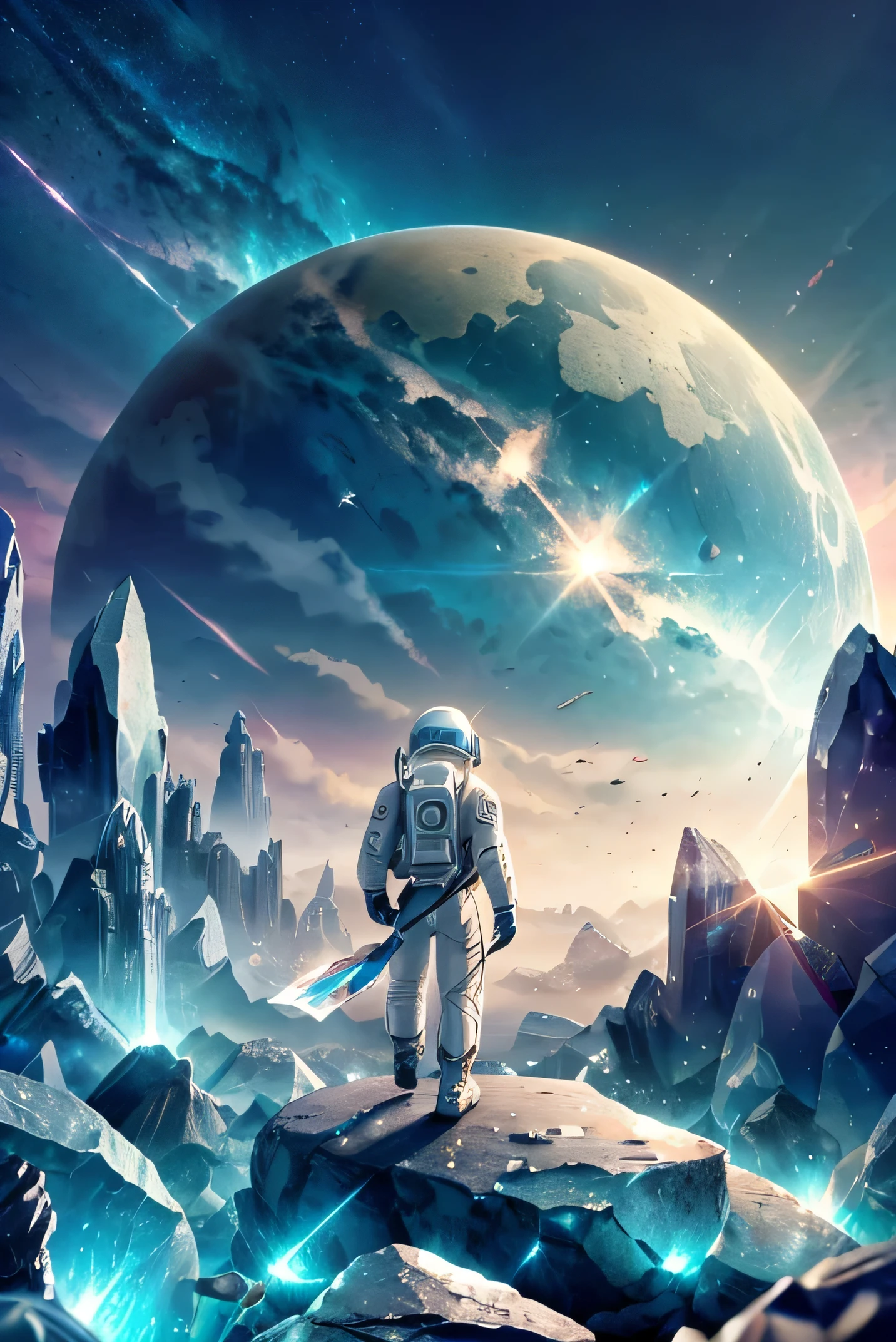 Movie Poster ((( HD )) (mysterious ancient ruins) ((award winning))) a astronaut walking around the planet, a planet covered in crystals (structures that emit a soft ) ((soothing light)) the planet is made of crystals (( light color sky )) bright lighting (white crystals (( detailed illustrationest quality,4k,highres,masterpiece ))