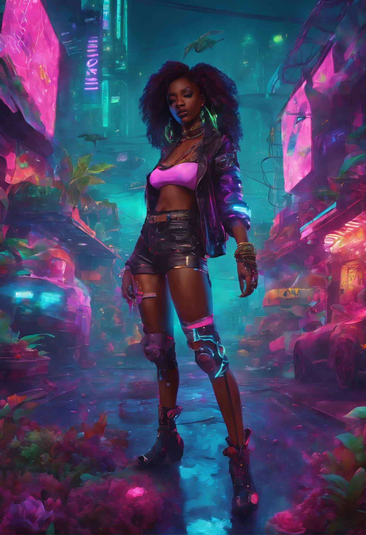 ((determined ((dark-skinned ((Haitian)) female pirate)) outside rolling up herbal joint, (wearing detailed flowing outfit), (wearing snake scale choker), (cannabis flower tattoos on arms and legs), high quality photo, relaxing and smoking on pirate ship (with copious tall cannabis sativa plants and hydrangeas surrounding scene during foggy sunrise)