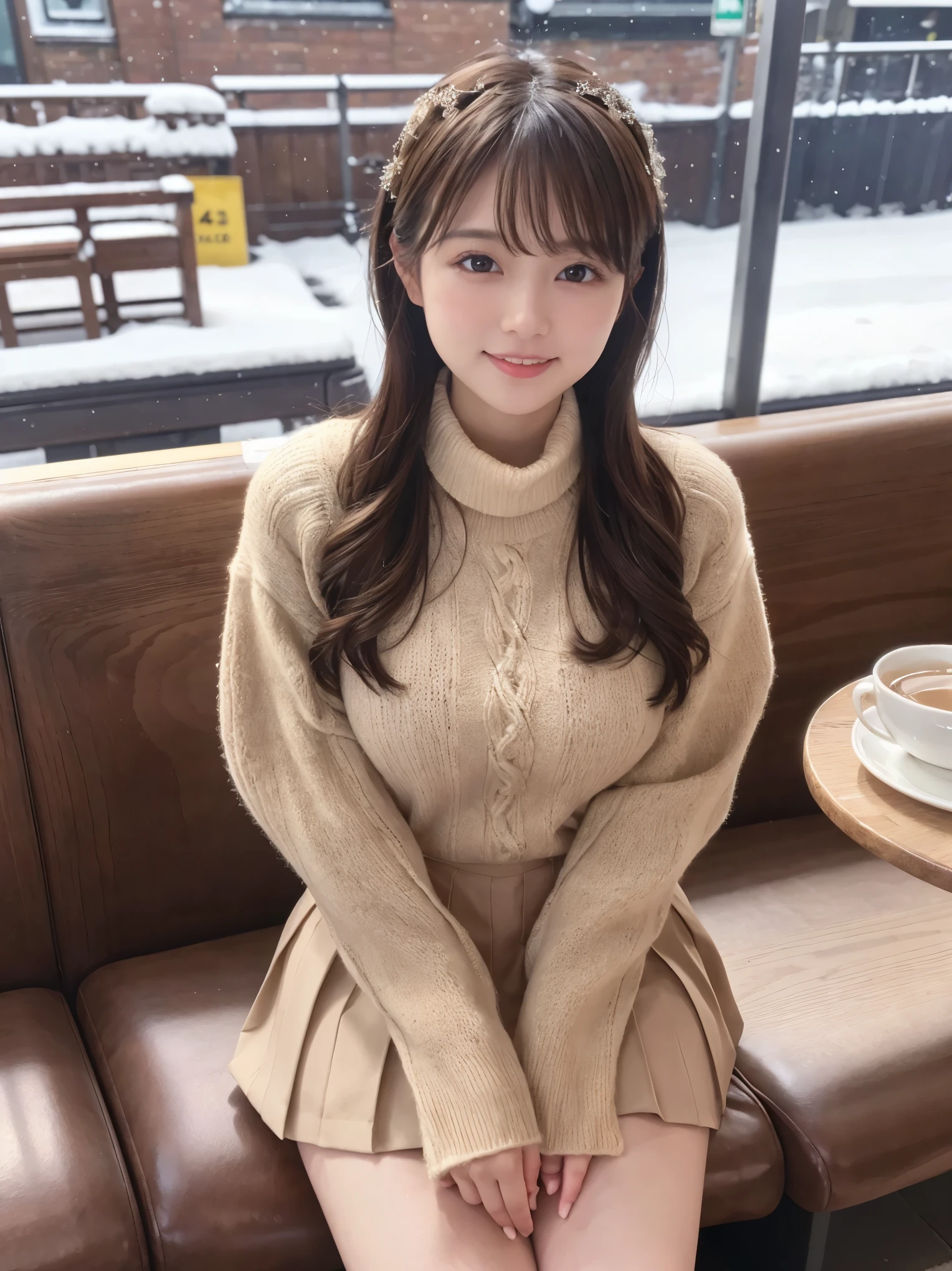 1womanl、in her 20s(Strong-willed super beautiful woman)、(ultra beautiful faces)、Wearing makeup、Wavy brown hair、