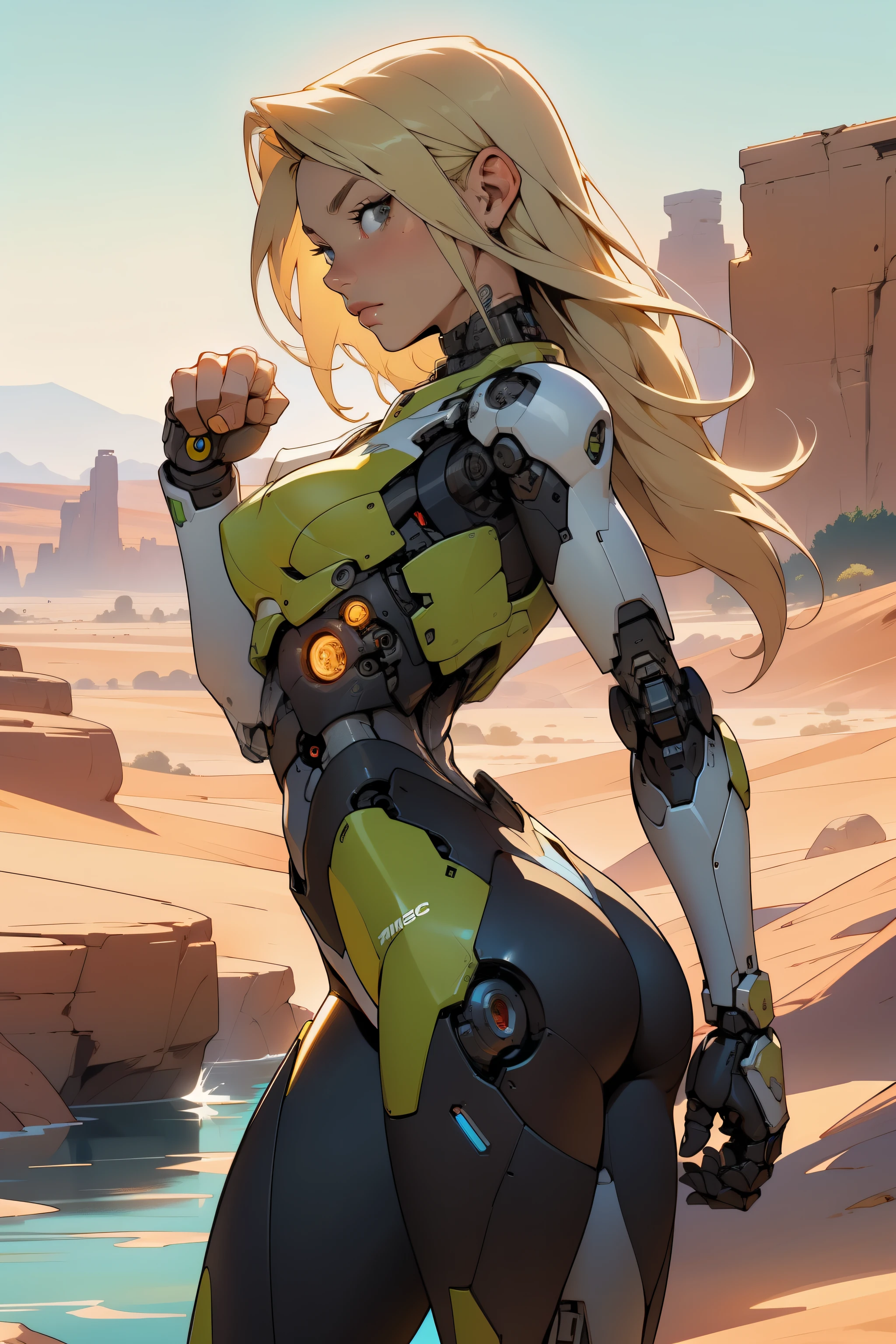 high quality, 4k, masterpiece, beautiful, cyborg girl, cowboy shot, dull eyes, back side, turning around to look at viewer, long blonde hair, girl, small breasts, fit thigh, robotic arms, robotic body, cyborg body, yellow accent, red accent, intricate detail, joint, detailed lines, robotic detail, holding fist up, holding hand up as fist, color robotic parts, robotic parts with color, perfect fingers, on a desert planet, sunny background, colorful desert, a river or a lake in the background