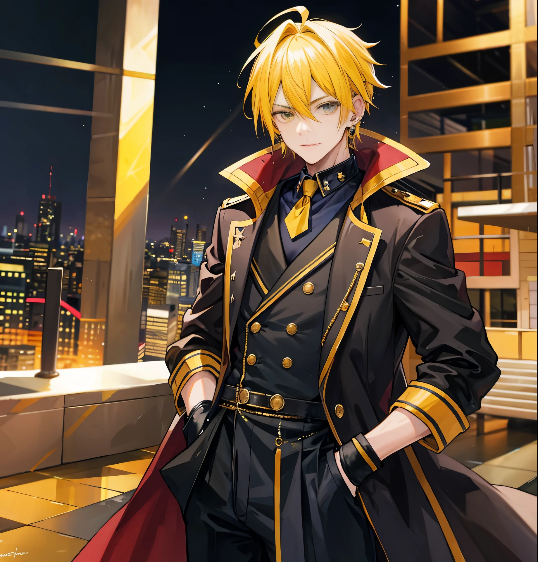 A man，Handsome，Yellow hair, Spiky,  nightcity，Sateen，((ear-Ring)), Bandana, Militarry coat large，Put your hands in your pockets,