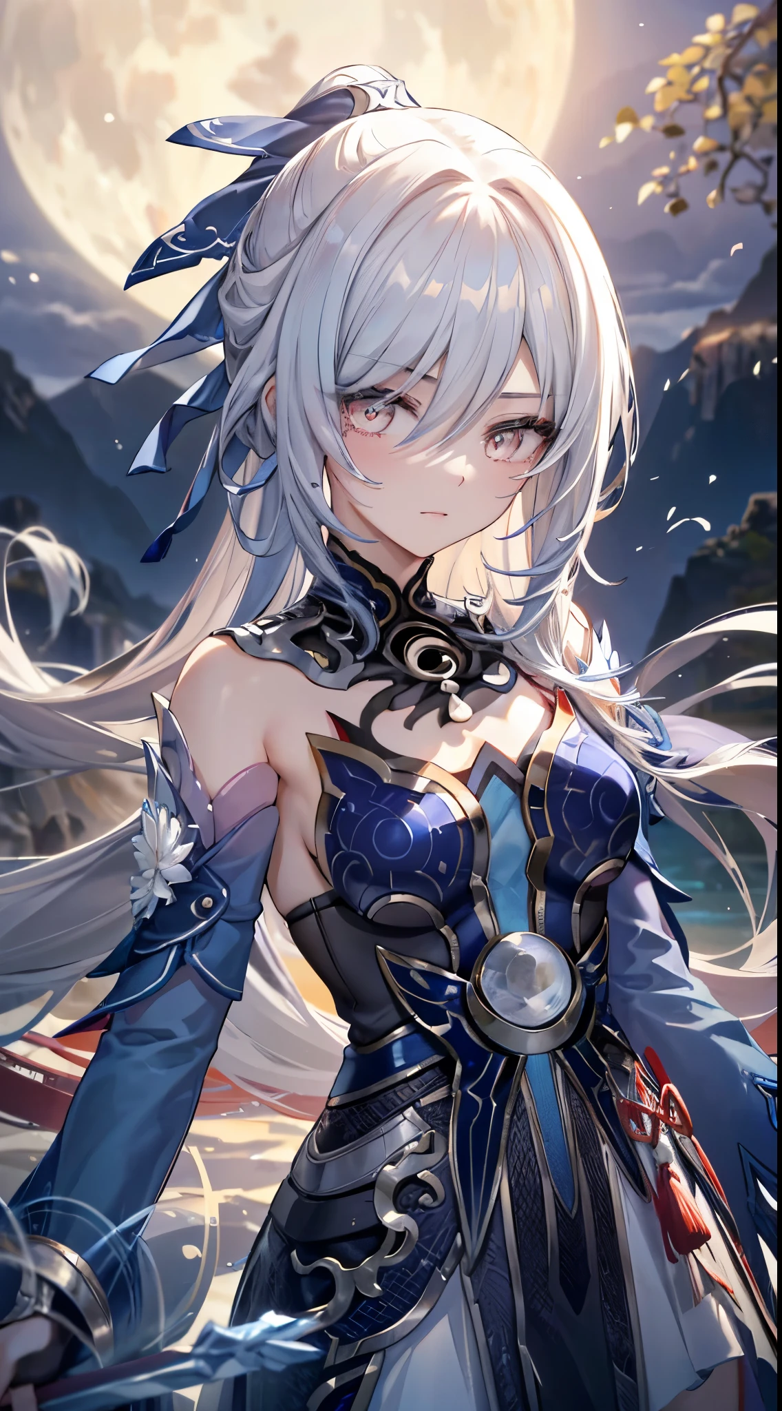 masterpiece, best quality, nearly perfect, (perfect face:1.1), (high detail:1.1), (长long纯白头发:1.4), Close-up of chest, ultra high definition, Super details, Fresh and impressive breasts,Nice high ponytail hairstyle,landscape,long, straight hair, Shy facial expressions,grab chest,Nice high ponytail hairstyle,Delicate and beautiful eyes and face,realistically,full moon:1.7),Rolling river,holding a longsword,Hanfu,
